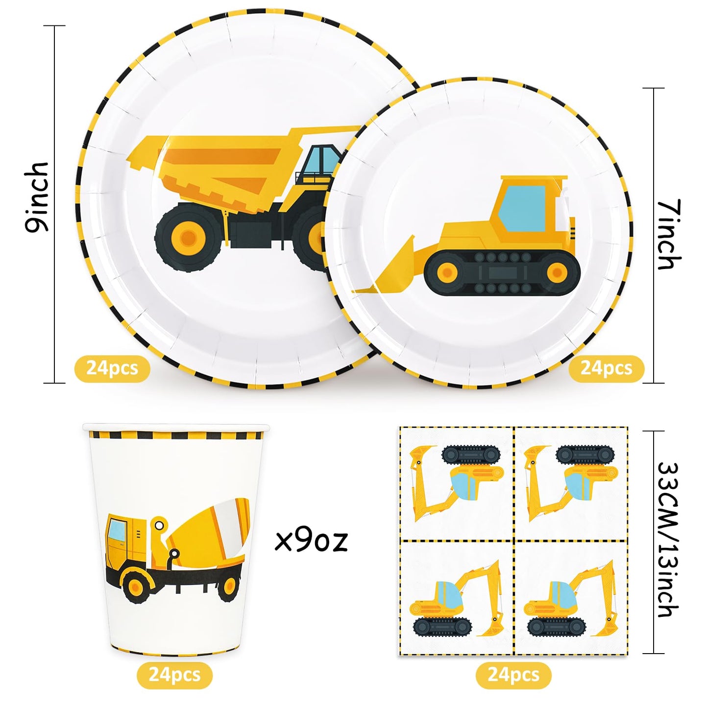 Whaline 96Pcs Construction Party Tableware Dump Truck Paper Plate Napkin Cup Yellow Black
