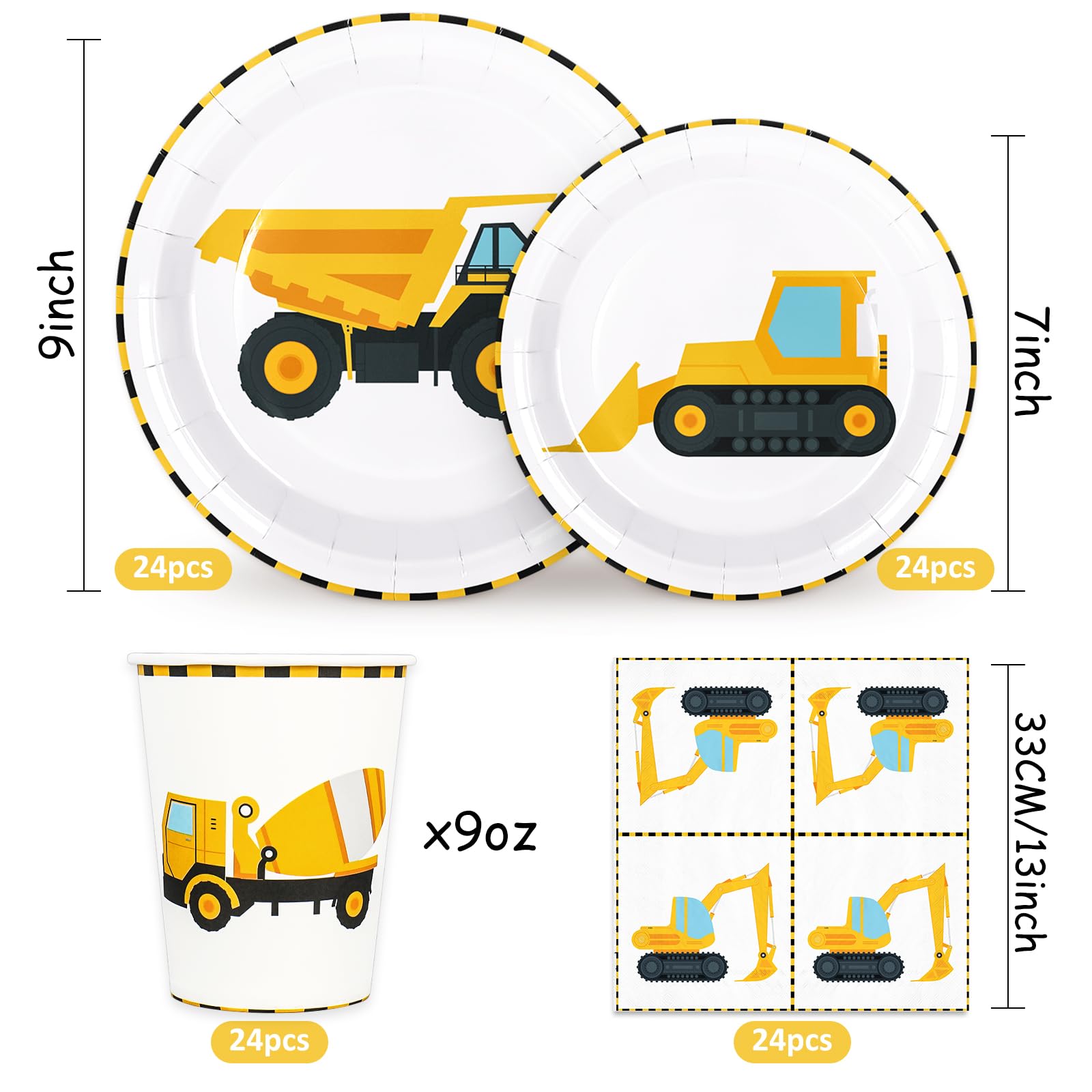Whaline 96Pcs Construction Party Tableware Dump Truck Paper Plate Napkin Cup Yellow Black