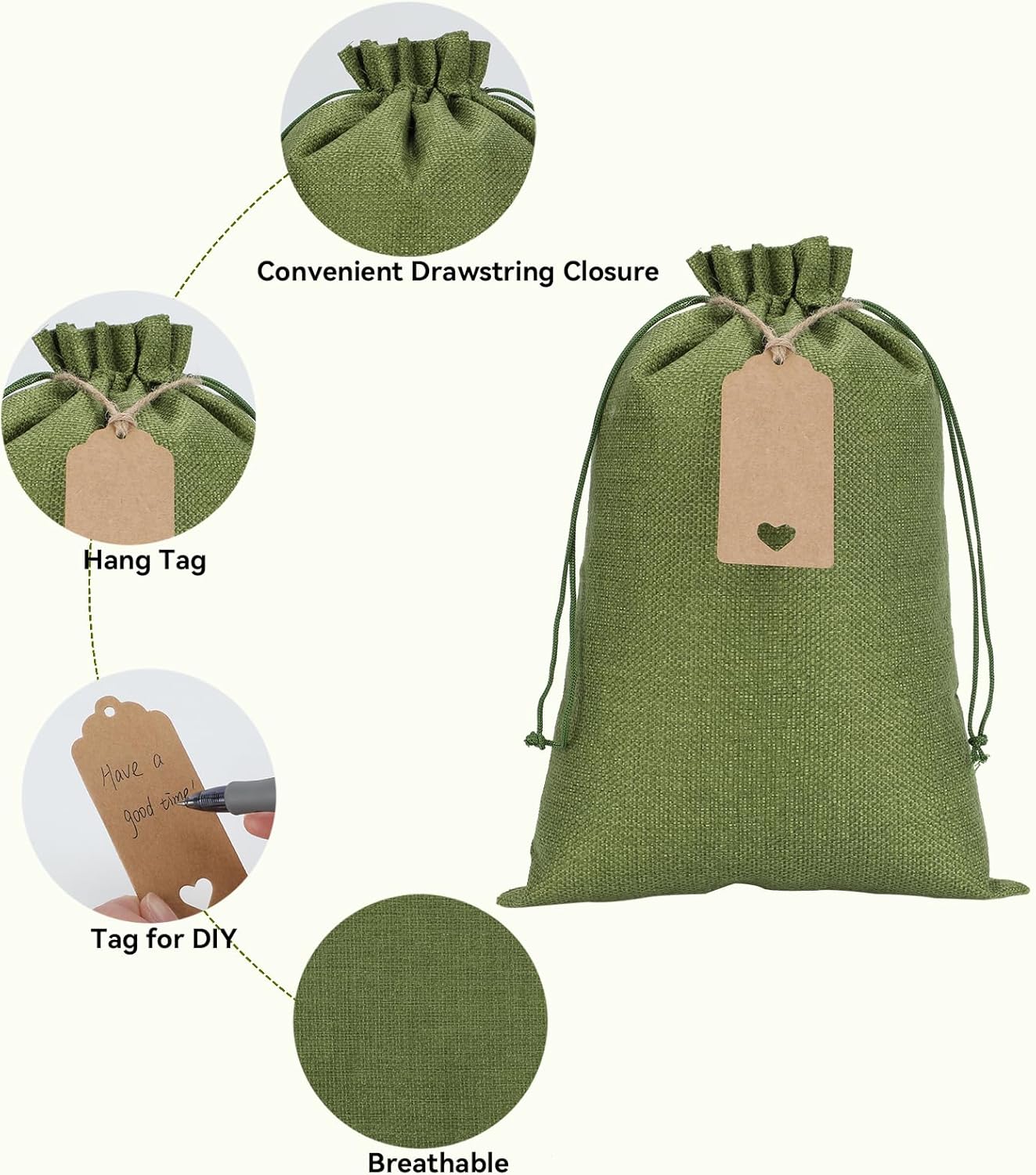 Tapleap Burlap Bags with Drawstring - 10Pcs 8x12 Green Gift Sacks for Wrapping Halloween Favors, Clothes, Hand Sanitizer, Mason Jars, For Birthday, Wedding, Party or Household Use