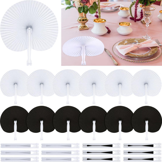 Pangda 24 Pack Folding Fans Round Paper Fans Assortment with Plastic Handle for Wedding Favor Party Bag Filler(Black, White)