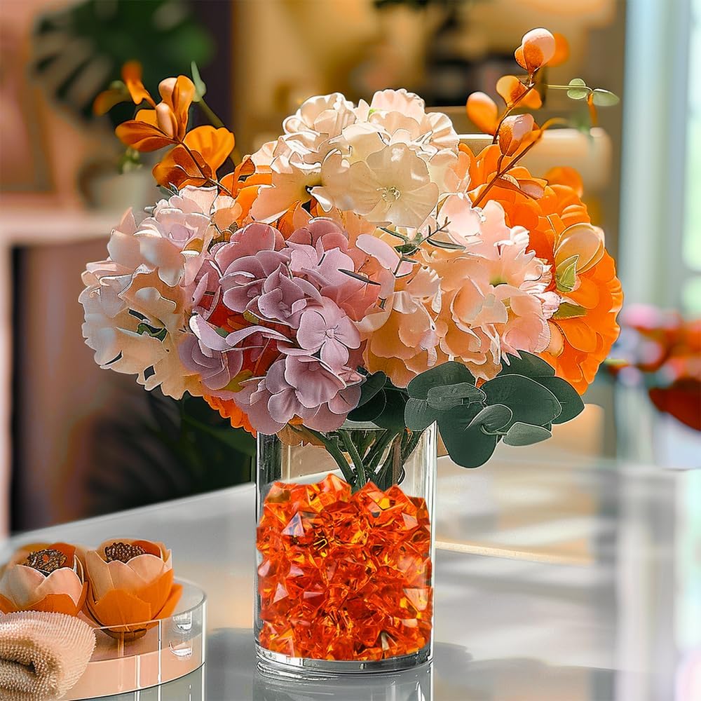 HappyFiller Fall Harvest Decor Orange Fake Ice Rocks Acrylic Chunks,Pirate Treasure Gems Stone,Vase Fillers,Resin Arts Crafts,Faux Crystal Dazzler,Centerpieces,Table Scatter,Home Decoration,14 OZ