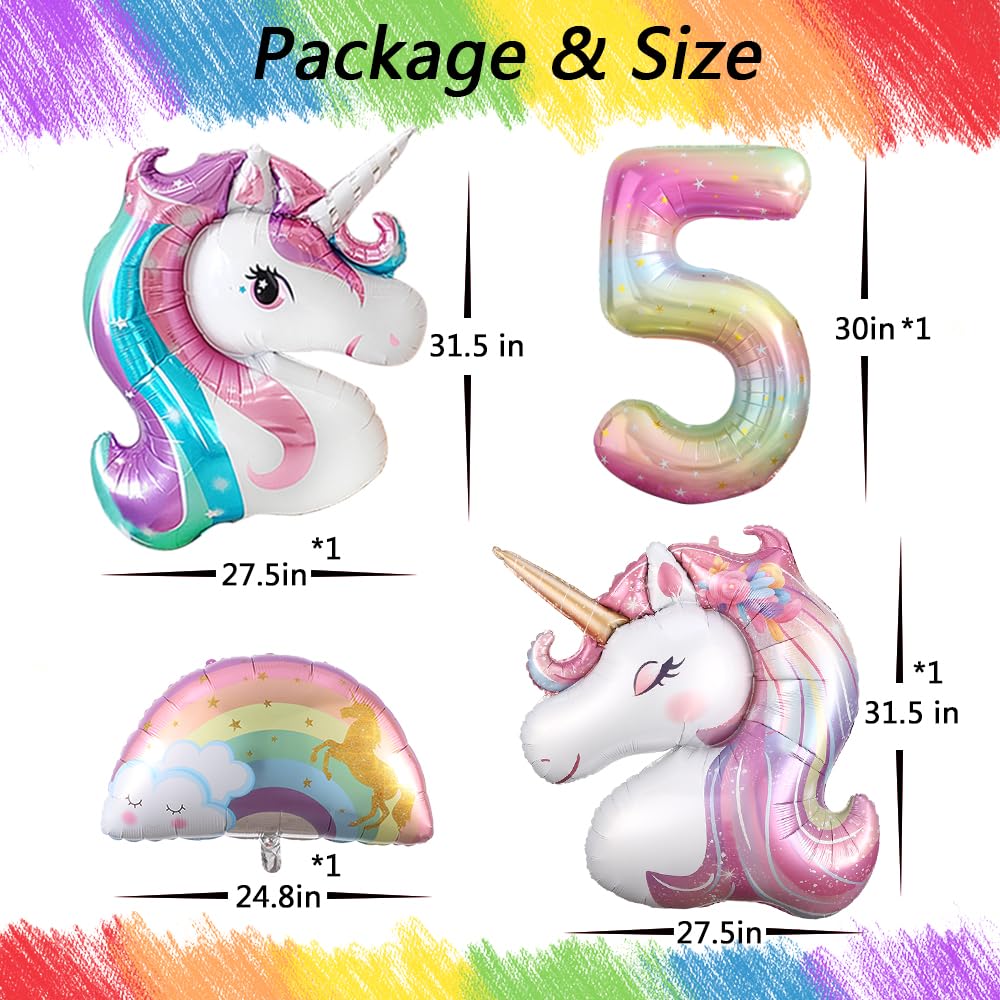 Unicorn 5th Birthday Party Decorations for Girl Purple Pink Theme Balloon Set, Large Rainbow