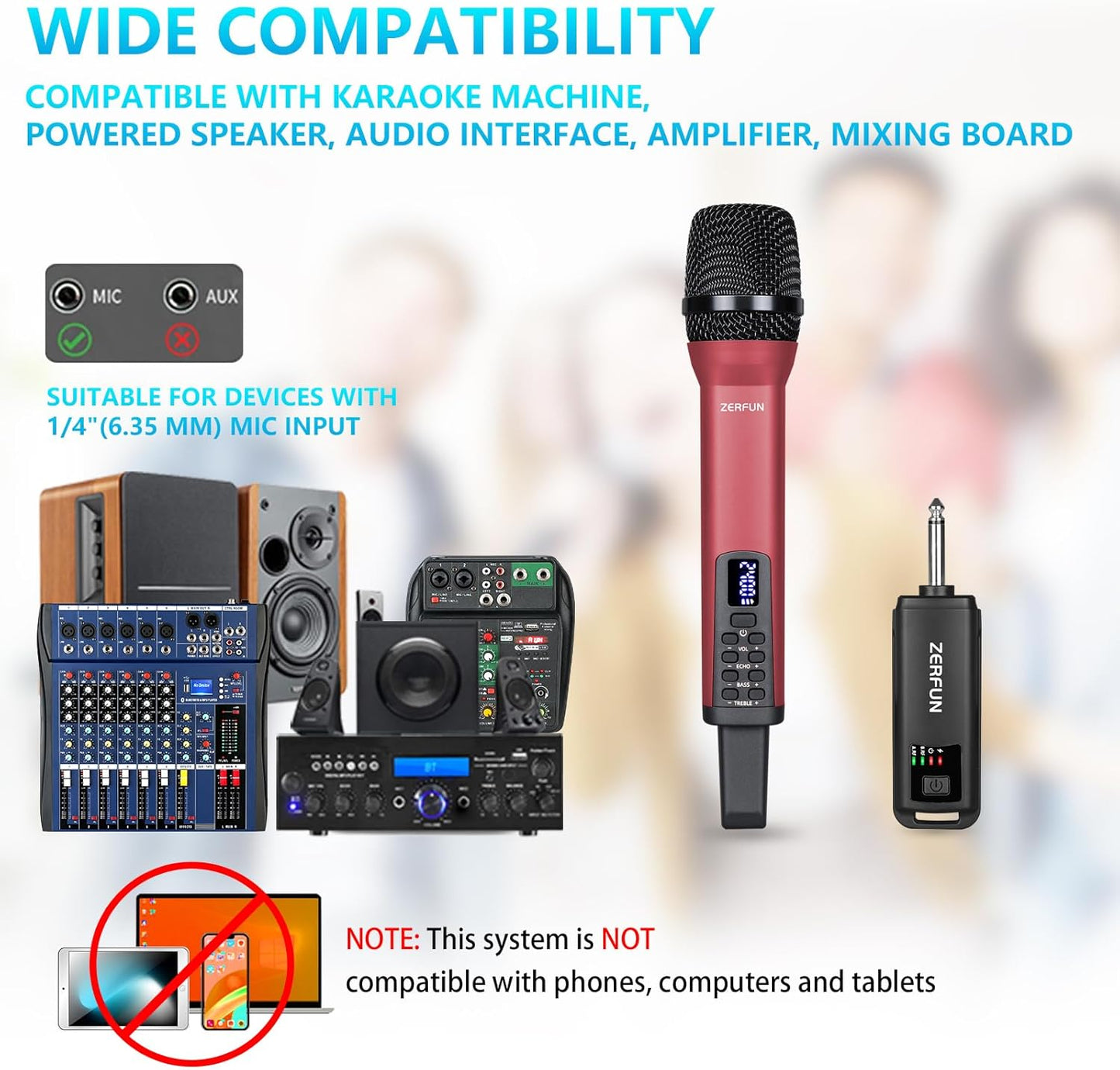 Rechargeable Wireless Microphone, Pro Handheld Cordless Mics System Dynamic with Echo Treble BASS VOL Control for Karaoke Singing Church Party, 1/4'' Output, D240, Red