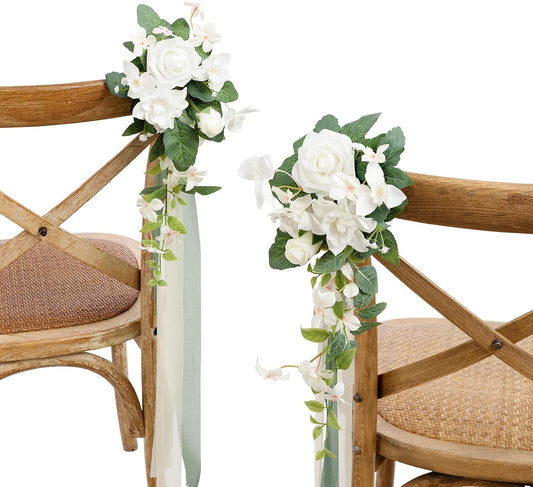 Ling's moment 8pcs Wedding Artificial Aisle Pew Flowers Chair Decorations White & Sage Green Arrangements with Chiffon Ribbons for Ceremony Chair Back Floral Reception Church Party Outdoor