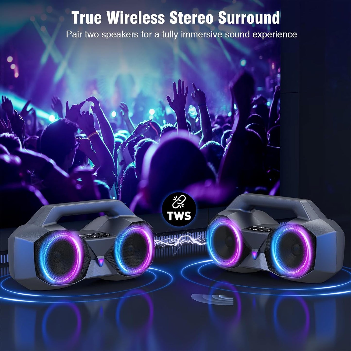 KMAG Bluetooth Speaker Wireless, 80W Loud Speaker with Deeper Bass, IPX7 Waterproof, 20H Playtime, Cool Lights, TWS, Portable Speaker for Home, Outdoor, Workshop, Party, Gift for All (Sliver)