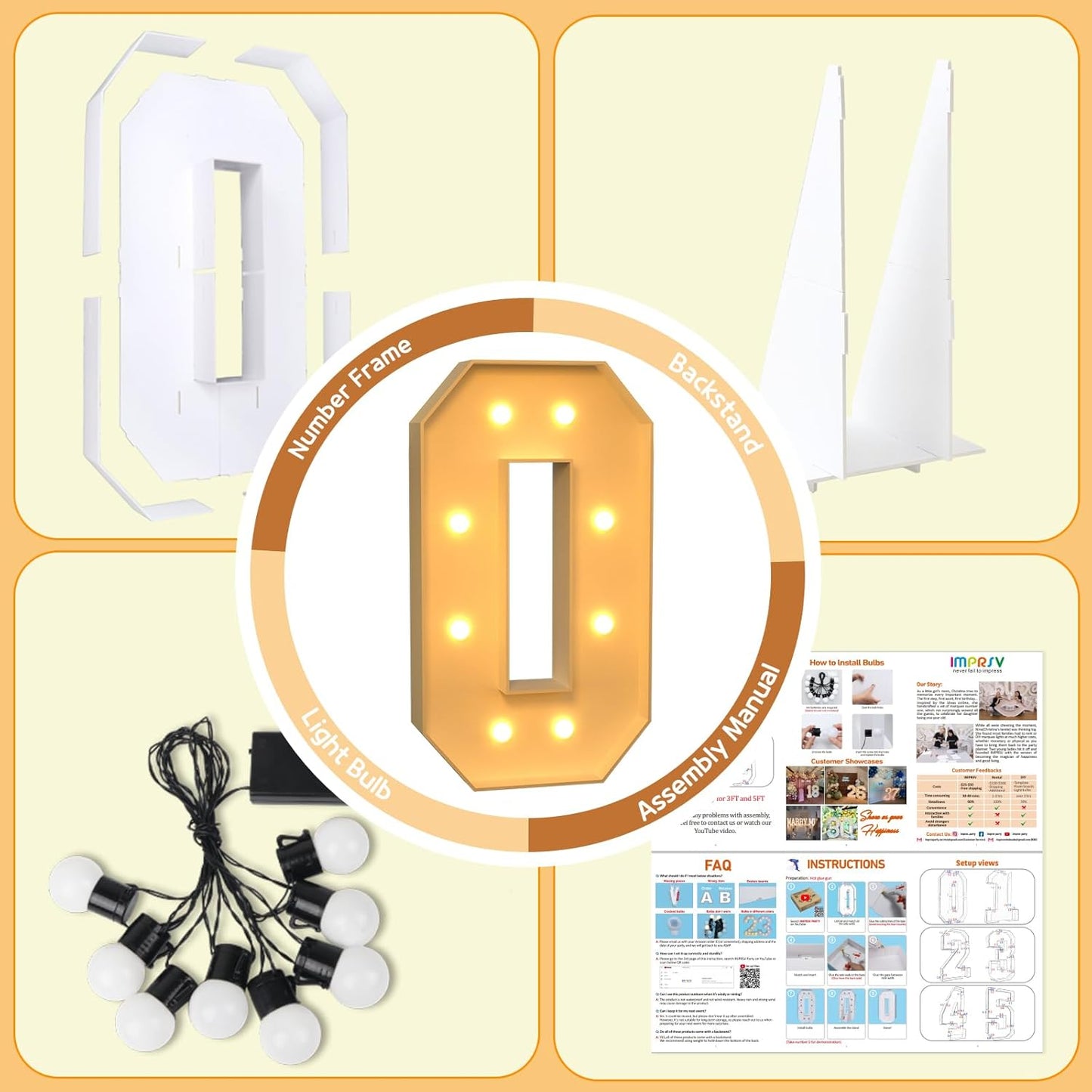 imprsv 3FT Marquee Numbers, Light Up Numbers for 30th 50th Birthday Decorations Anniversary Party Decor, Number 0 Light Up Number, Pre-Cut Foam Board Kit