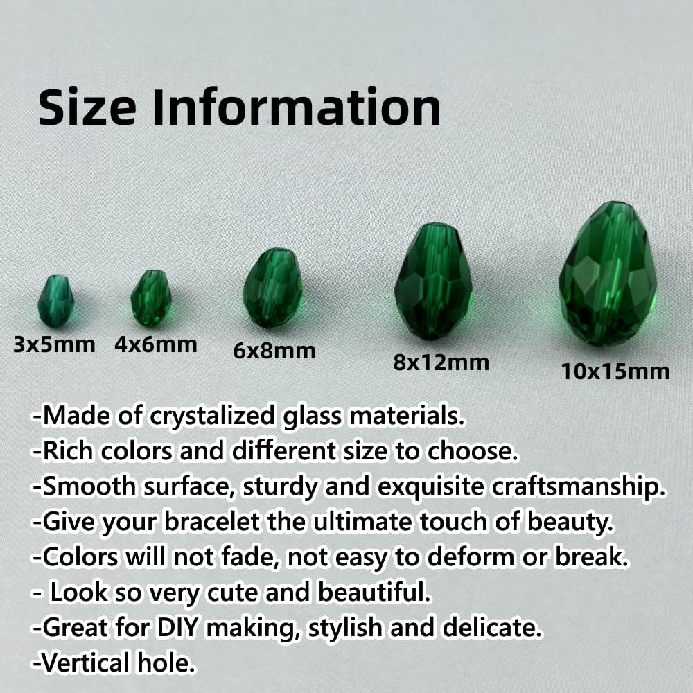 50pcs 10x15mm Teardrop Crystal Glass Beads for Jewelry Making, Faceted Vertical Hole Teardrop Glass Spacer Beads for Wind Chimes Bracelet Earring Necklace DIY Craft(Peacock Green)