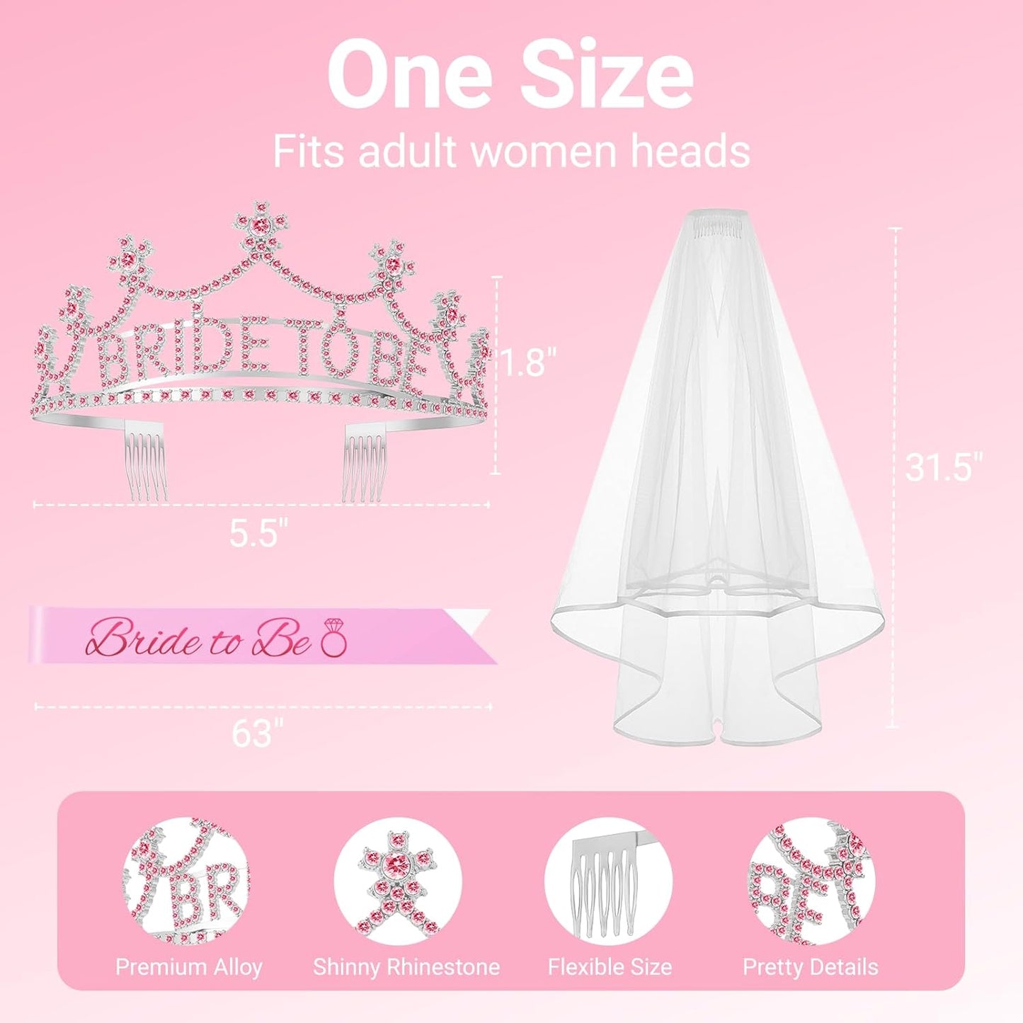 3Pcs Bride to Be Crown with Sash and Veil for Bachelorette Party Decorations，Bridal Shower Accessories for Gift, Favors