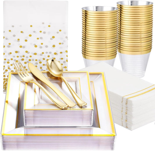 Festiva 176Pcs Clear and Gold Plastic Plates - Square Clear Plates with Gold Trim - Dinnerware Set for 25Guest include Cups Cutlery Napkins for Thanksgiving Party&Wedding&New Year