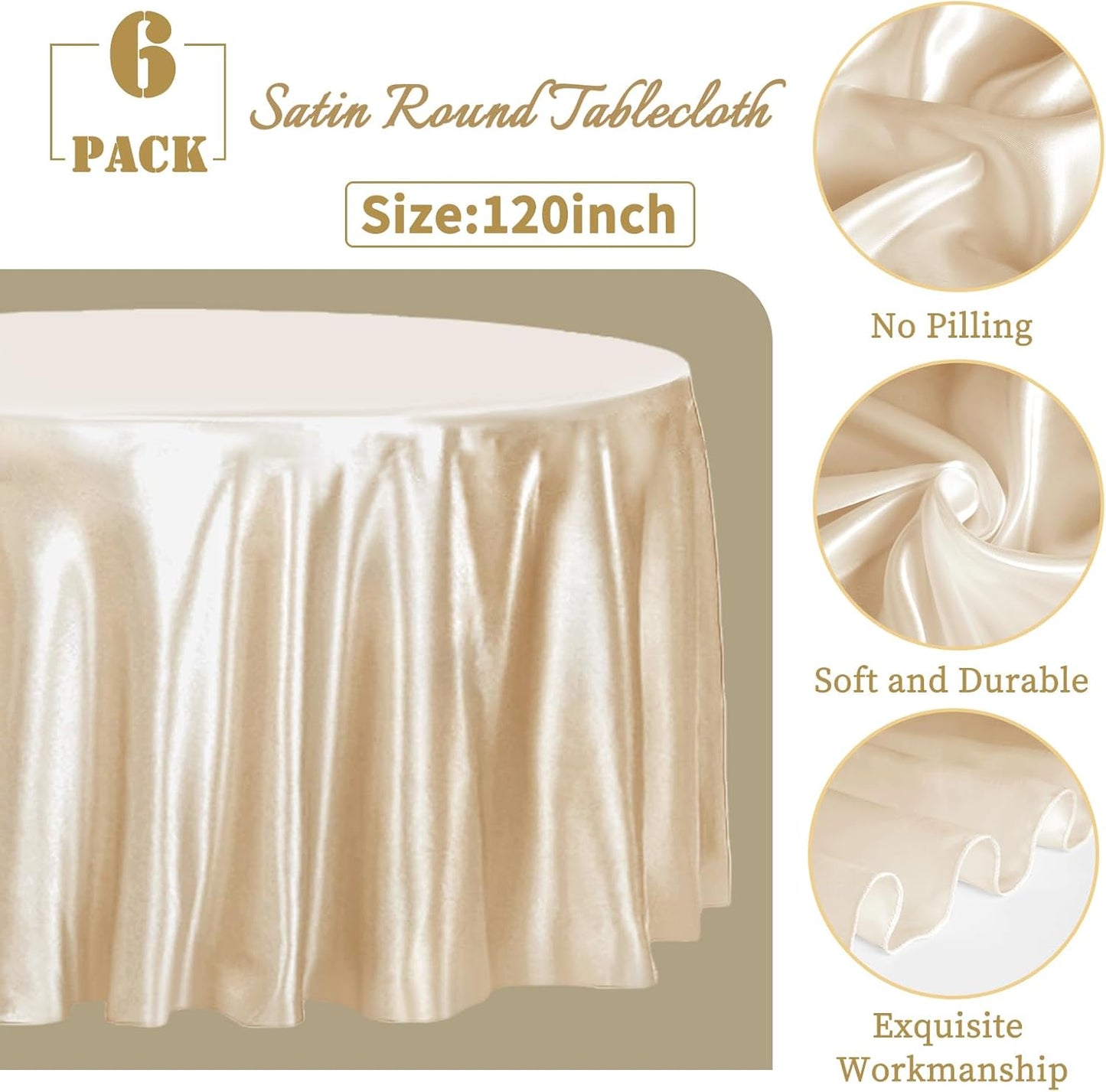 fani 6 Pack 120 Inch Champagne Round Tablecloth - Premium Silky Satin Tablecloth Overlay Smooth Fabric Table Cover Linens, Table Decoration for Wedding Party Banquet Events Restaurant Kitchen Dining
