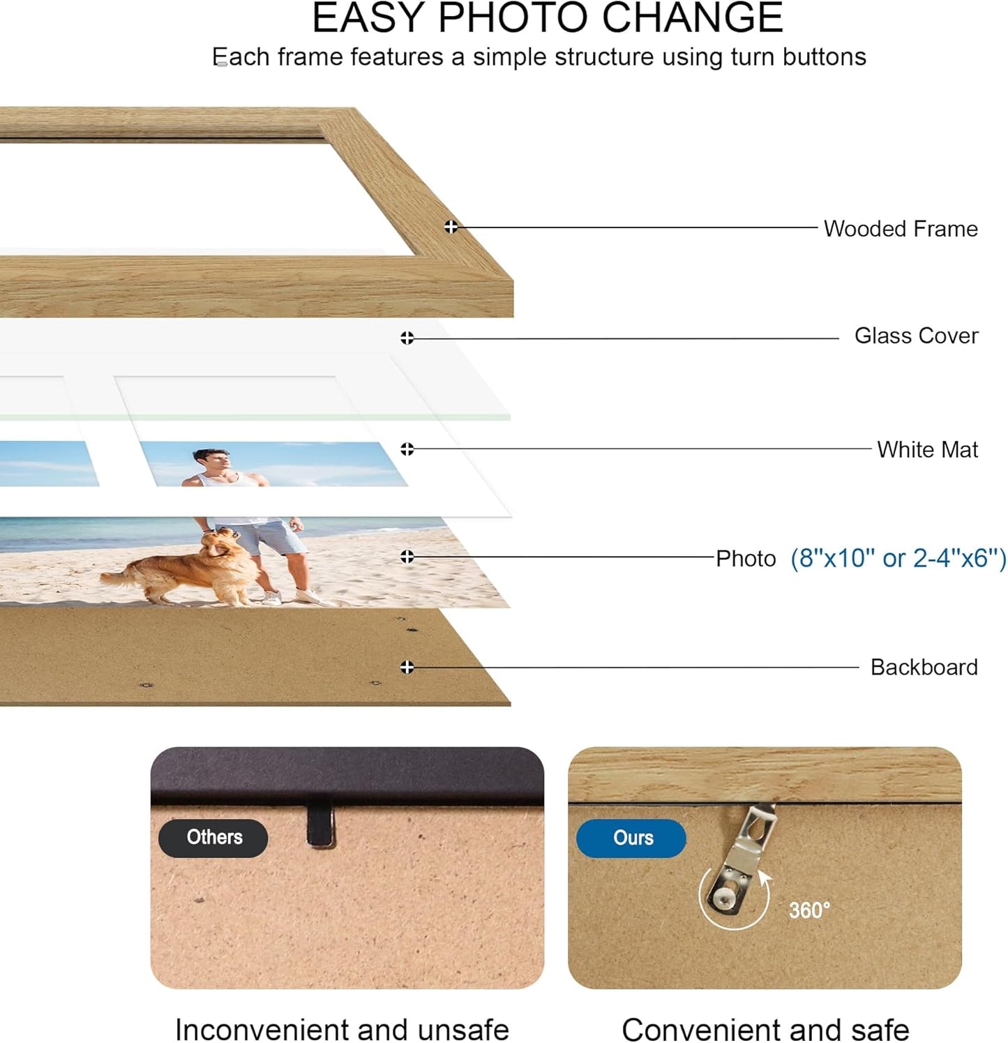 8x10 Picture Frame Set of 2, Natural Oak Wood Frame with Glass Collage Frame, Display Pictures Two 4x6 With Mat or 8 x 10 Without Mat - Horizontal or Vertical Wall Mounting