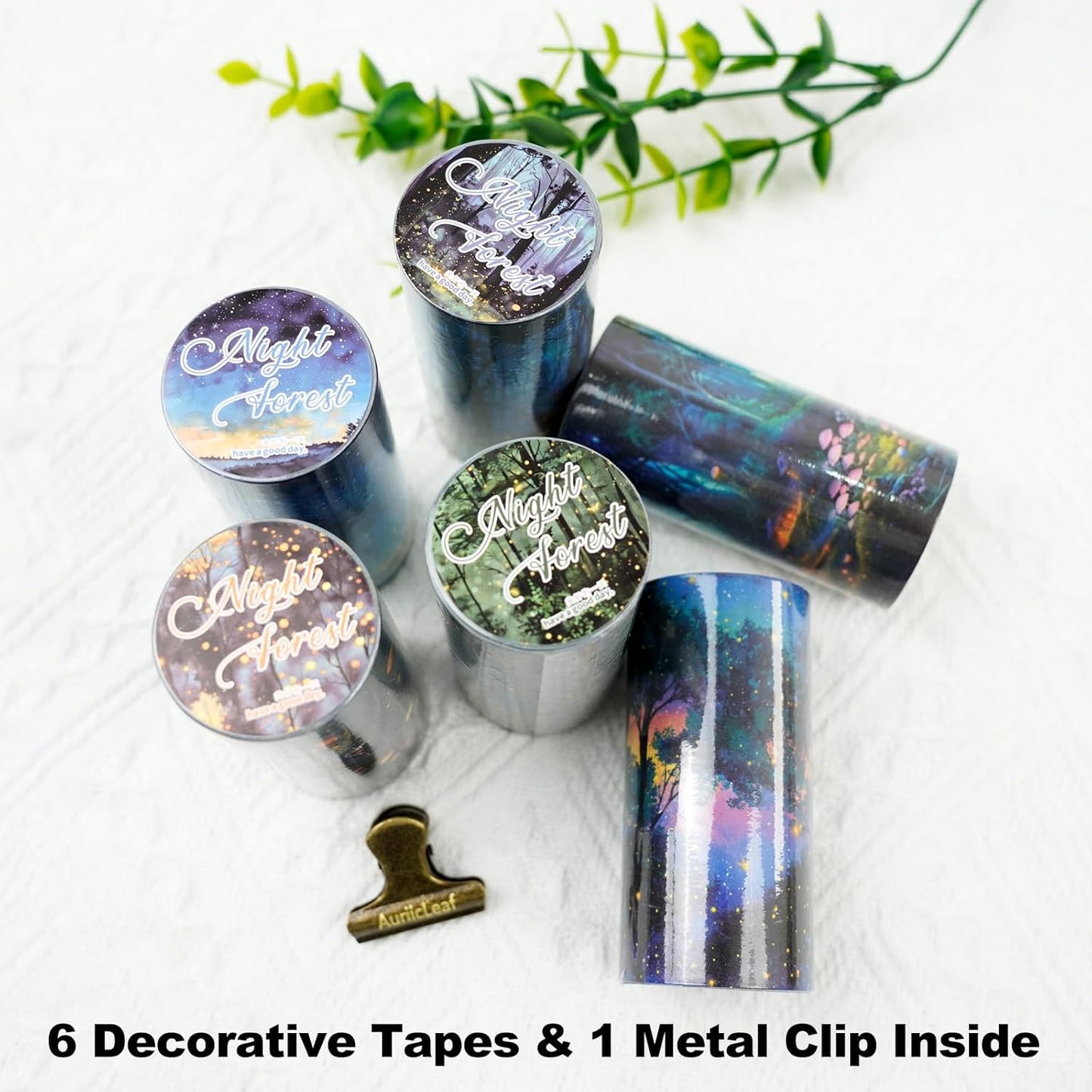 Night Forest Seamless Washi Tape Scrapbook Kit ??6 Rolls with Starry Sky, Fairy Woods & Twilight Designs for Journaling, DIY Crafts, Gift Wrapping, Card Making, Decoration, 3.15in Wide