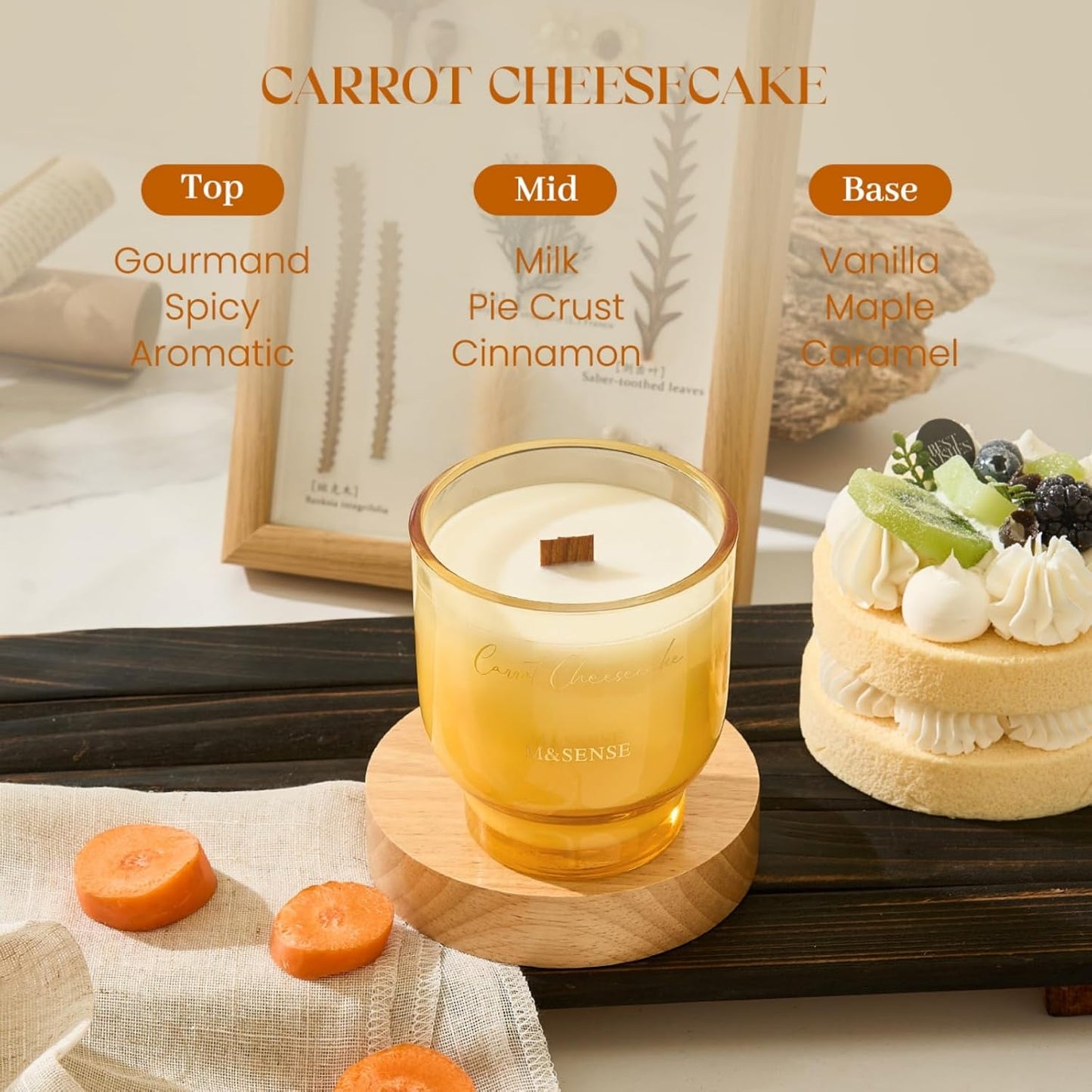 M&SENSE 9.88oz Natural Soy Wax Jar Candle with Wooden Wick | Carrot Cheesecake Scent | 55-Hour Burn & Long-Lasting Burn | Easter Candle Gift