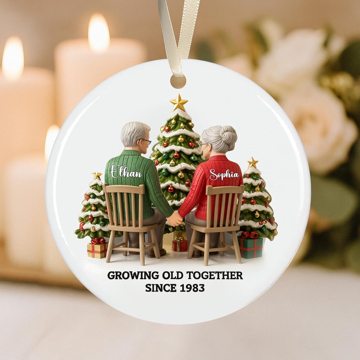 Love Signal Growing Old Together Christmas Ornament, Personalized Couple Ornaments for Christmas Tree Decor, Gifts for Wife Husband Mom Dad Women Men, Boyfriend, 2D Flat Acrylic, Ceramic Ornament 02