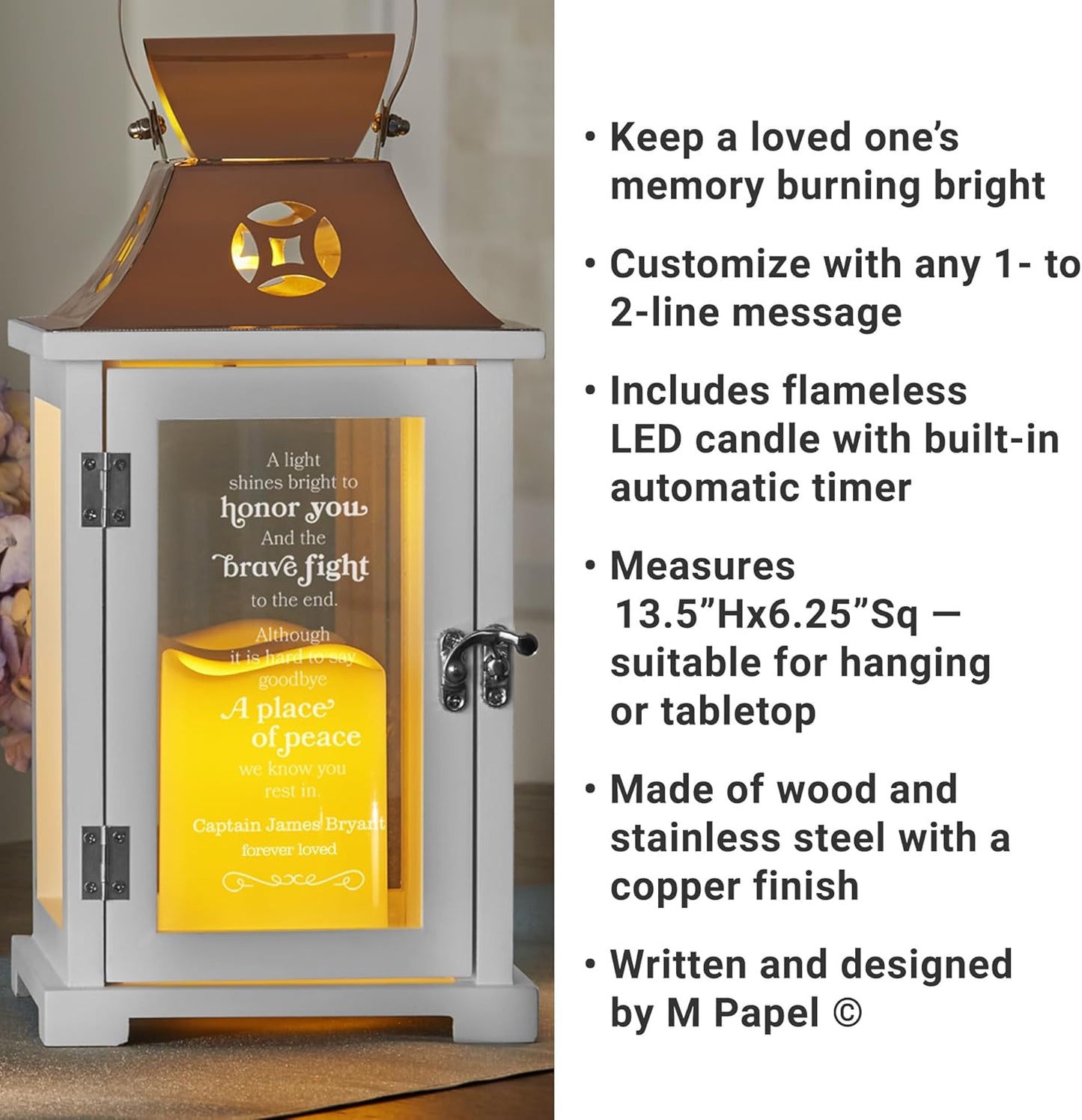 Let's Make Memories Personalized Memorial Lantern - Sympathy - Condolences - LED Candle - Automatic Timer - Wood/Stainless Steel - Copper Finish - A Brave Fight