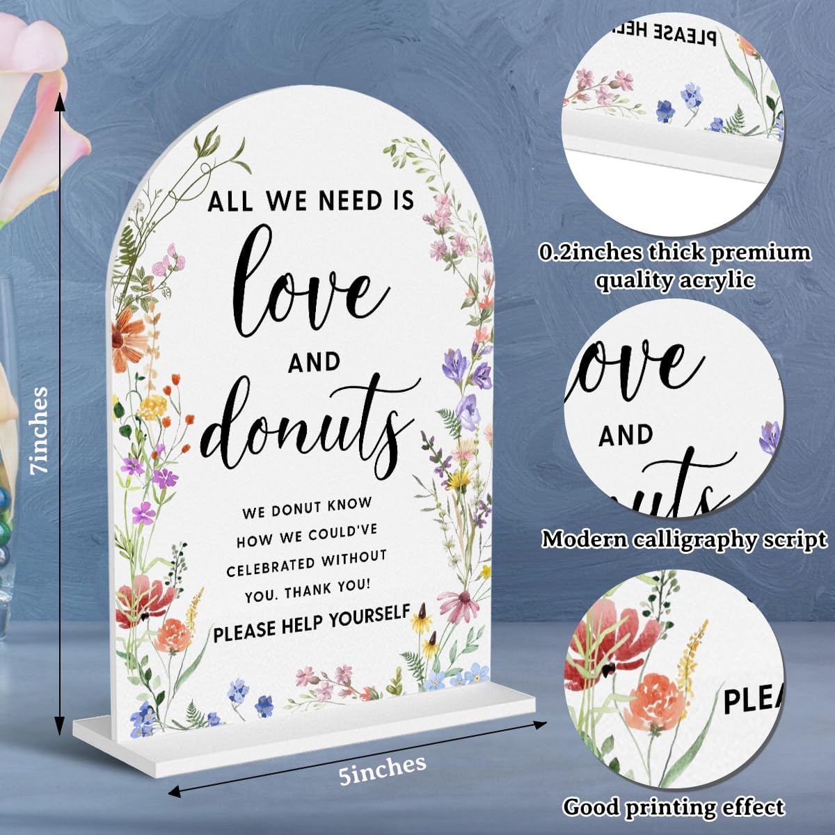Acrylic Wedding Signs, Love and Donuts Signs for Marriage Reception, Bridal Shower Decorations, Modern Arched Round Top Acrylic Table Top Sign with Holder for Wedding Party Dinner (White Wildflowers)