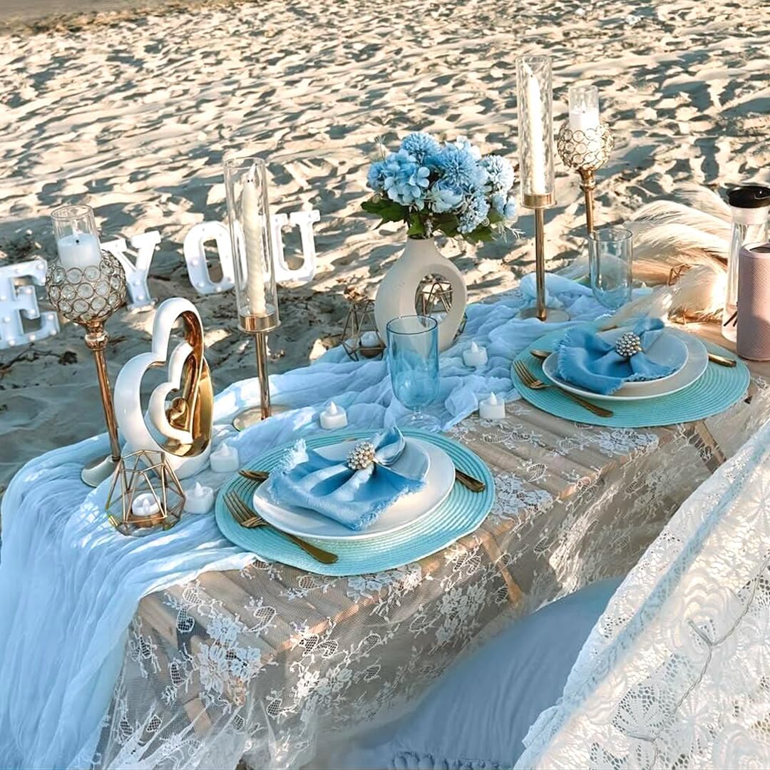 3 Pack Baby Blue Table Runner Boho Gauze Cheesecloth Table Runner 120 Inches Long Light Blue Cheese Cloth Runner for Wedding Bridal Baby Shower Birthday Party Easter Decor