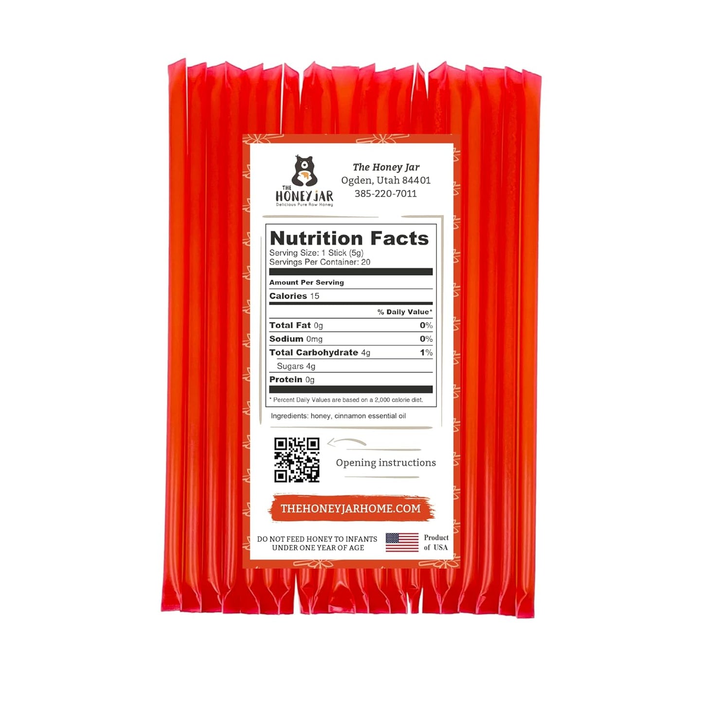 The Honey Jar Cinnamon Flavored Honey Sticks - Pure Honey Straws For Tea, Coffee, or a Healthy Treat - One Teaspoon of Flavored Honey Per Stick - Made In The USA with Real Honey - (20 Count)