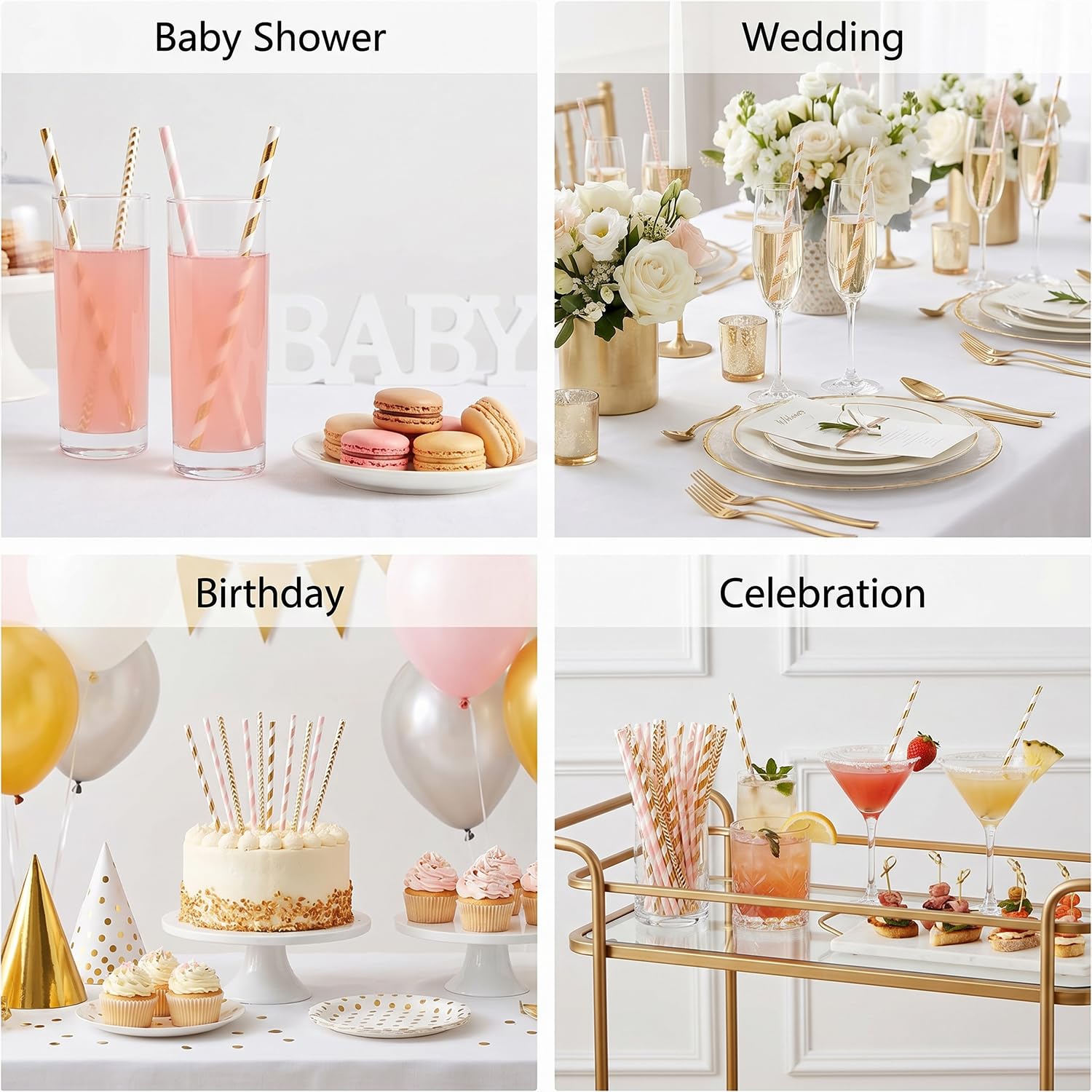 ALINK Gold Pink Paper Straws, 100 Pack Striped Party Straws