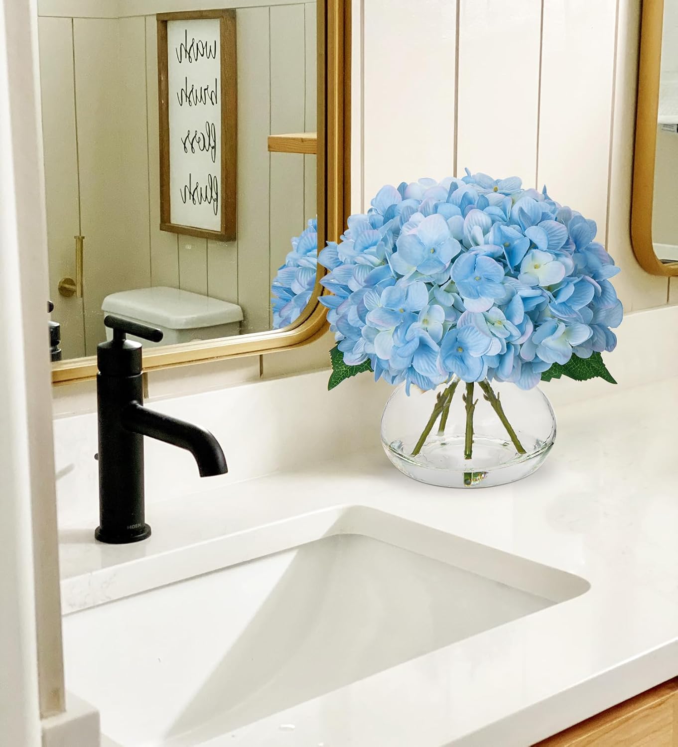 Hollyone Hydrangea Artificial Flowers with Vase Blue Silk Fake Flowers Arrangements in Glass Vase with Faux Water Faux Floral Bulk Bouquet for Home Decor Bathroom Table Centerpiece Shelf Decorations