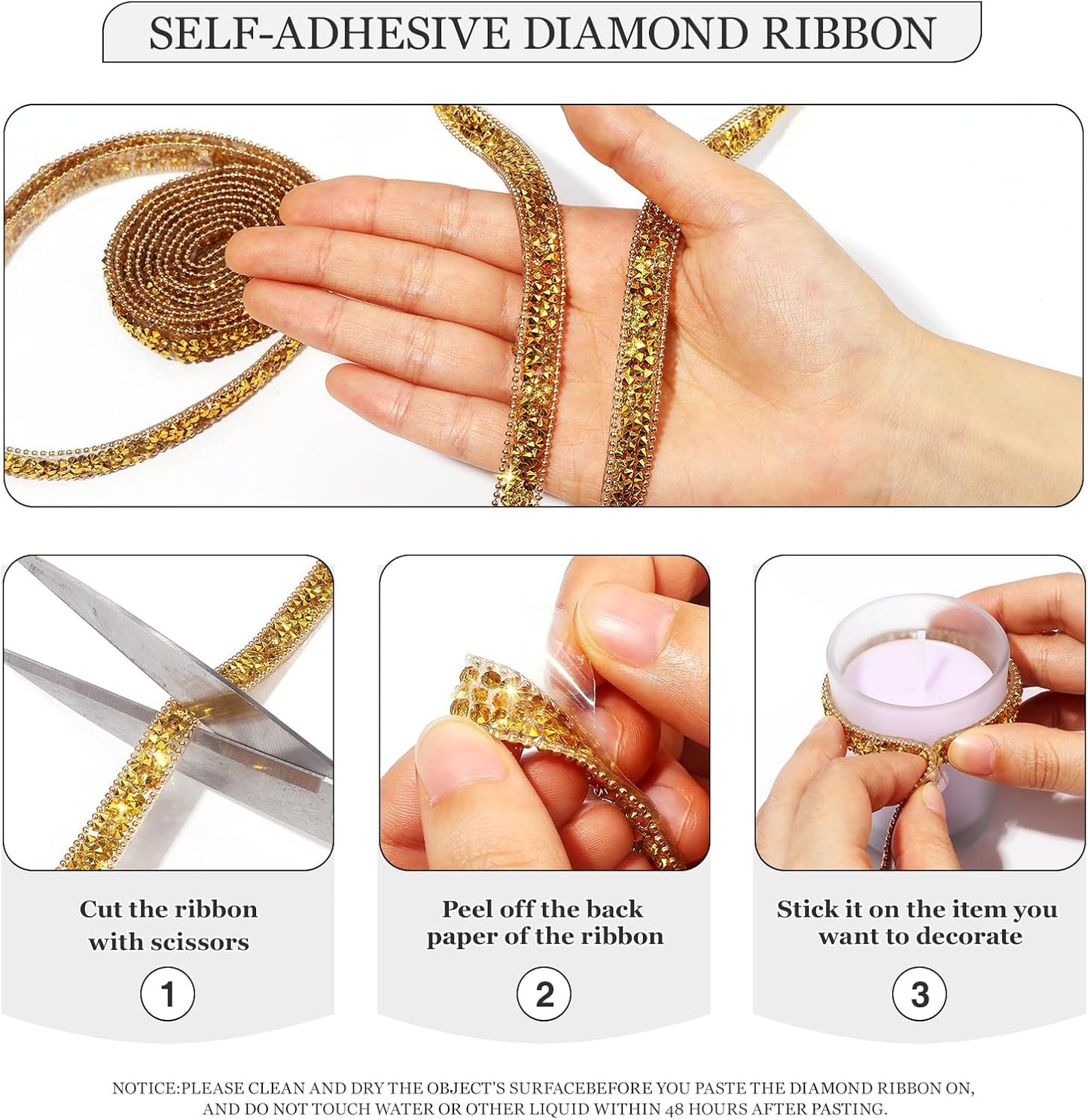 Rhinestone Ribbon 3 Yards Self Adhesive Rhinestone Strips Diamond Ribbon Sticker Crystal Roll Glitter Bling Rhinestones Tape for Crafting DIY Art Decoration (Gold,0.4 Inch)