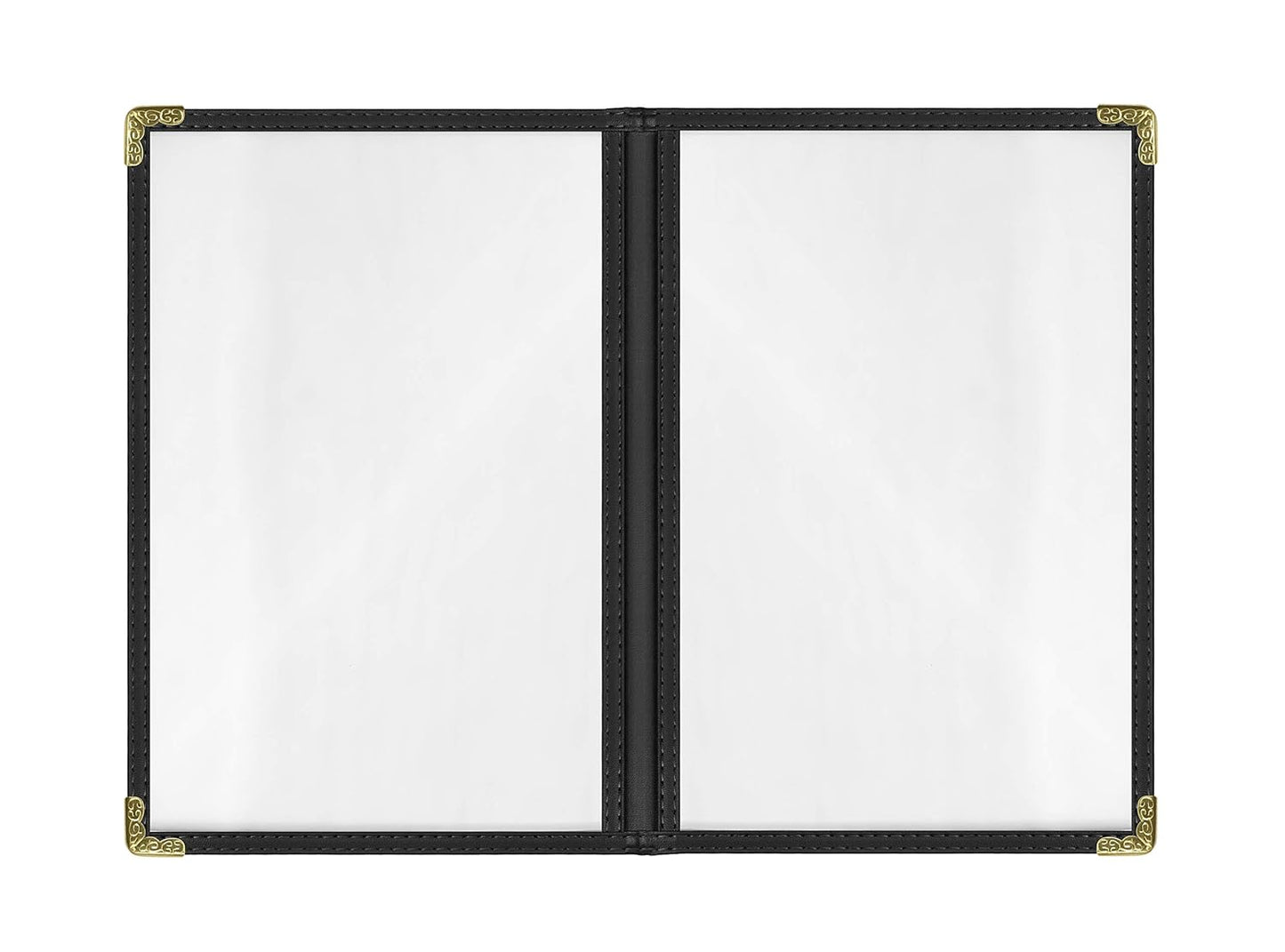 Goodsmart Restaurant Menu Covers – 25 Pack Black 4-View, Side-Loading Menu Holders, Vinyl & Plastic Café Menu Covers, Clear Menu Sleeves, Fits 5.5" x 8.5", Leather-Style Design, Gold Corners