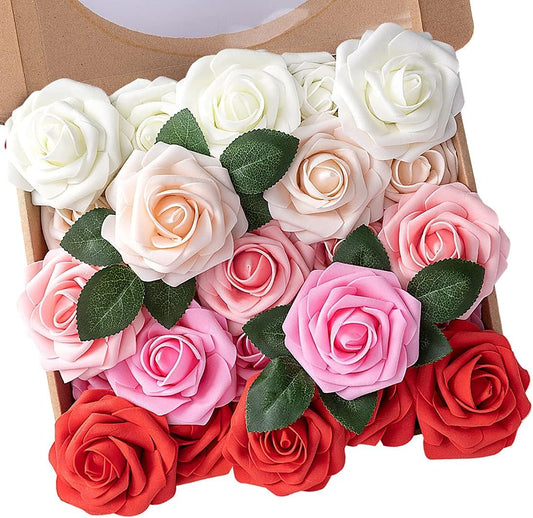 N&T NIETING Artificial Flowers 25pcs Real Looking Artificial Roses with Stems for Valentine's Day Mother's Day Wedding Bridal Bouquet Party Baby Shower Cake Decoration, Series Red