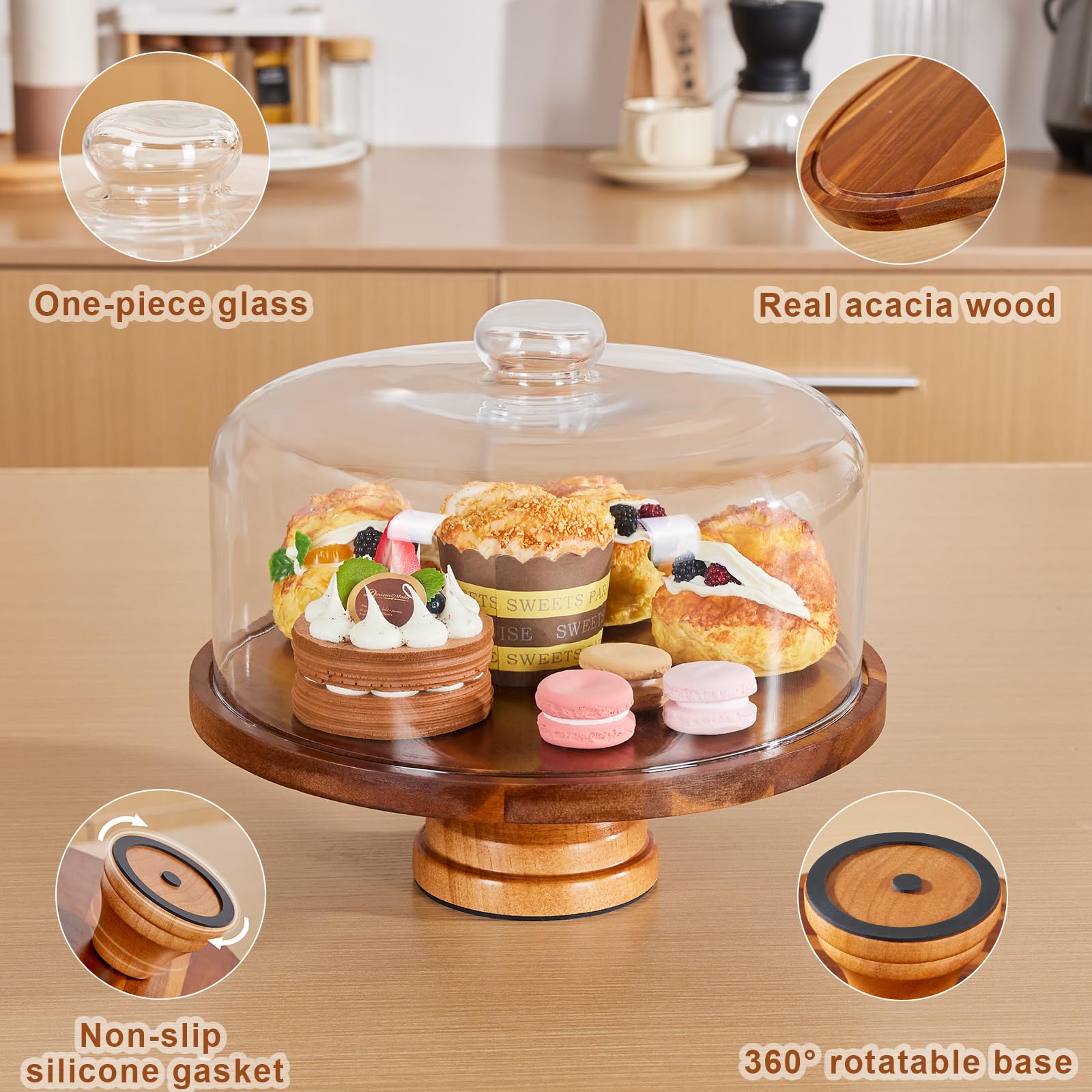 Yangbaga Cake Stand with Lid: 11in Rotating Wooden Cake Holder w/Glass Dome