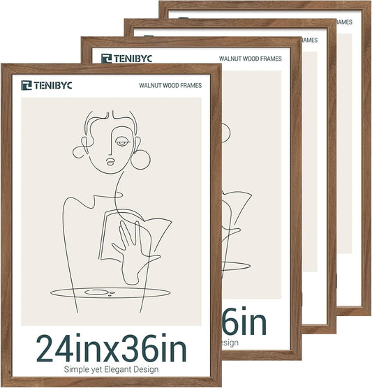 24x36 Poster Frame 4 Pack, Brown Walnut Wood Picture Frame, Suitable for Photos, Puzzles, Paintings & Maps, Wall Hanging