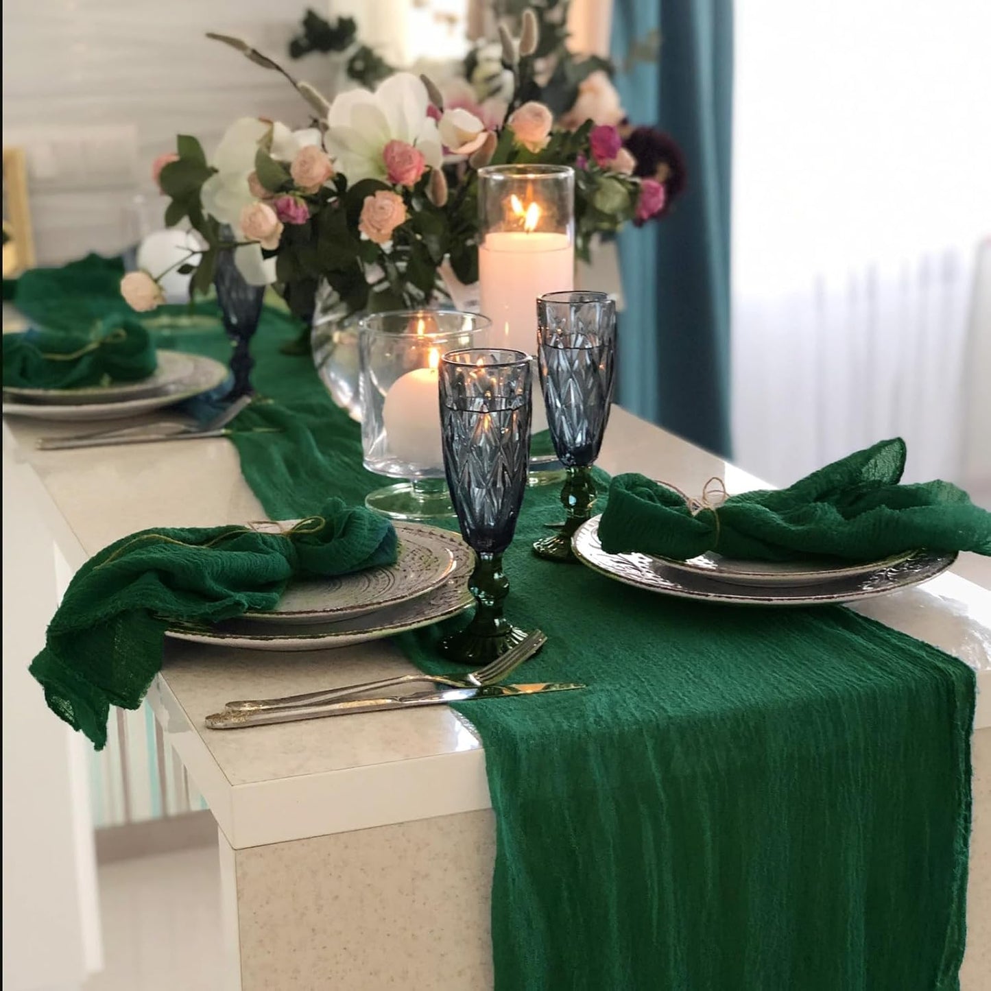 Hahuho Emerald Green Cheesecloth Table Runner 10ft, Gauze Boho Rustic Table Runners for Wedding Birthday Party Baby Shower Decorations（6 Pack , 35x120 Inches）