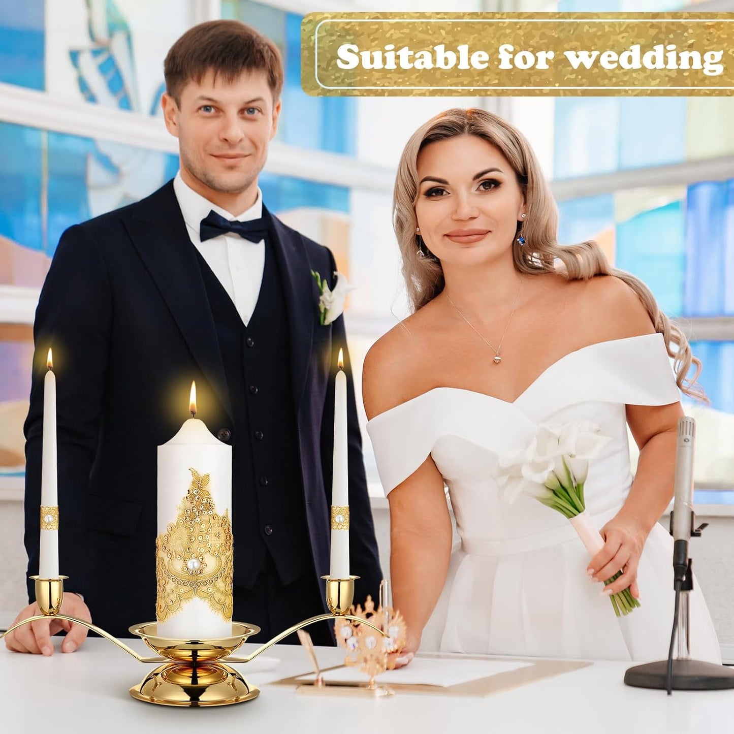 Irenare Unity Candles with Holder for Wedding Ceremony Wedding Decortions Accessories Glass Candle Holder Pillar Candle for Formal Events Church(Gold Wedding)