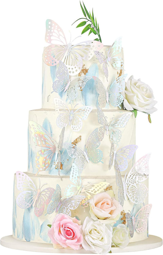 Gyufise 36 Pack Silver Laser 3D Butterfly Cupcake Toppers Hollow Cake Decorations for Birthday Wedding Fairy Party Wall Sticker Decal