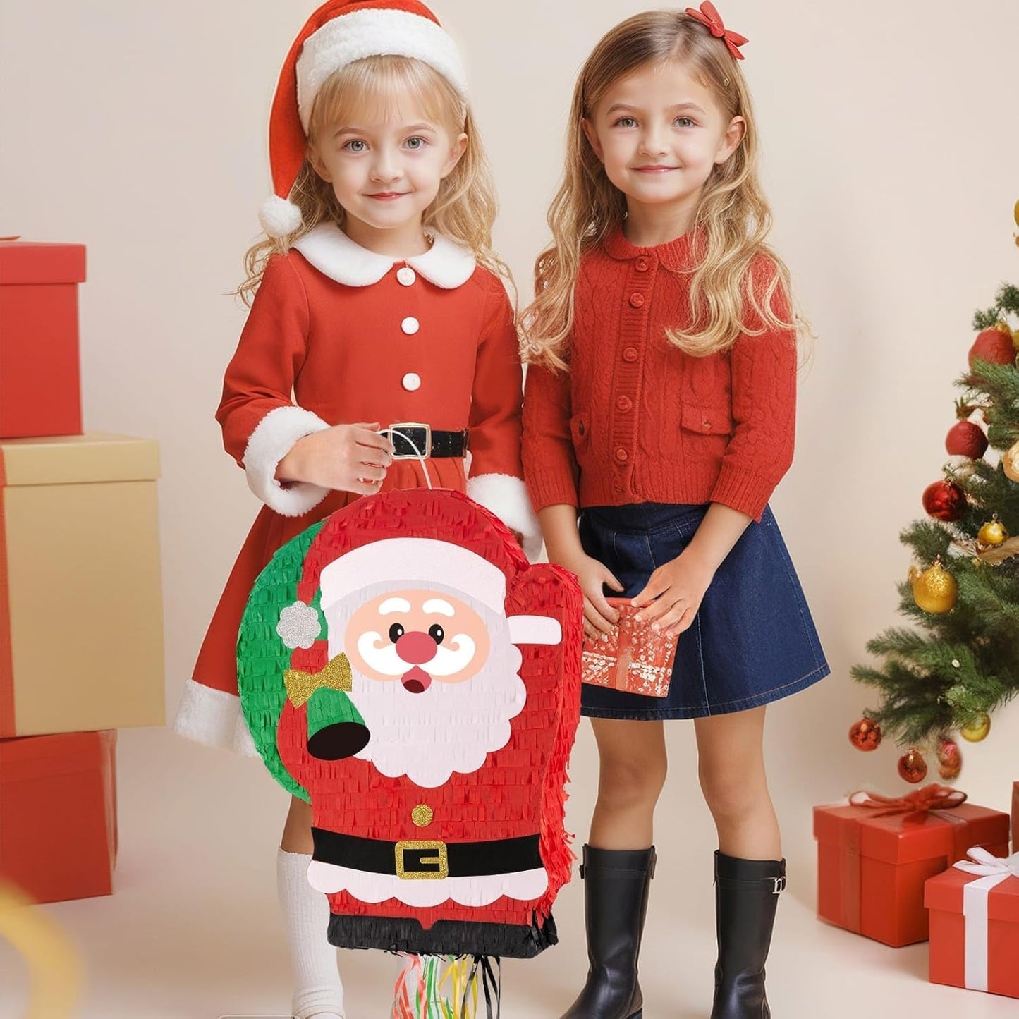 WERNNSAI Christmas Santa Pinata - Christmas Decorations Red Santa Claus Party Games for Kids Xmas Festival Supply Father Xmas GIft Delivery Xmas Large Pinata Pull String with Blindfold Bat