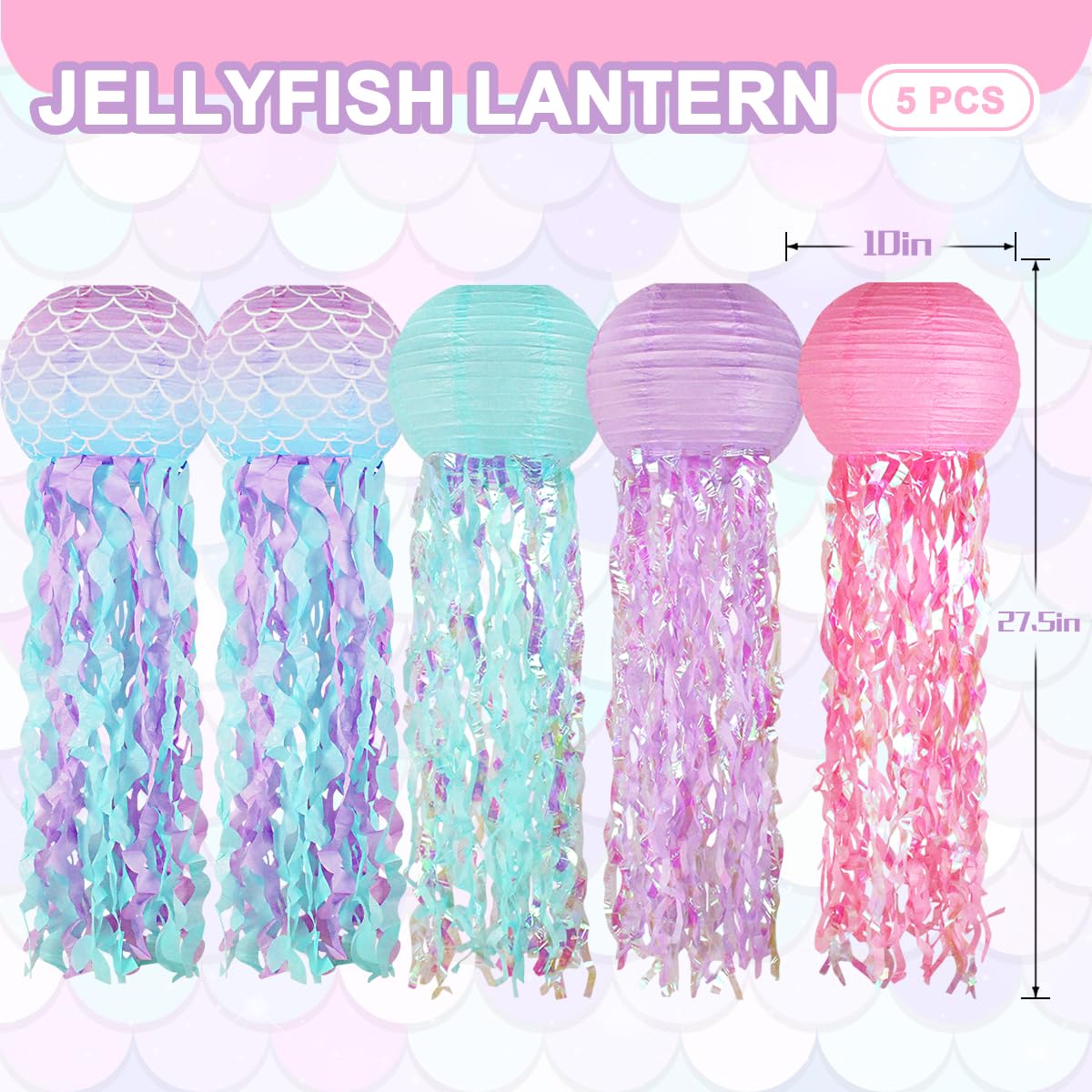 Mermaid Birthday Decorations, Jellyfish Paper Lanterns Pink Lavender Blue Mermaid Scales Hanging