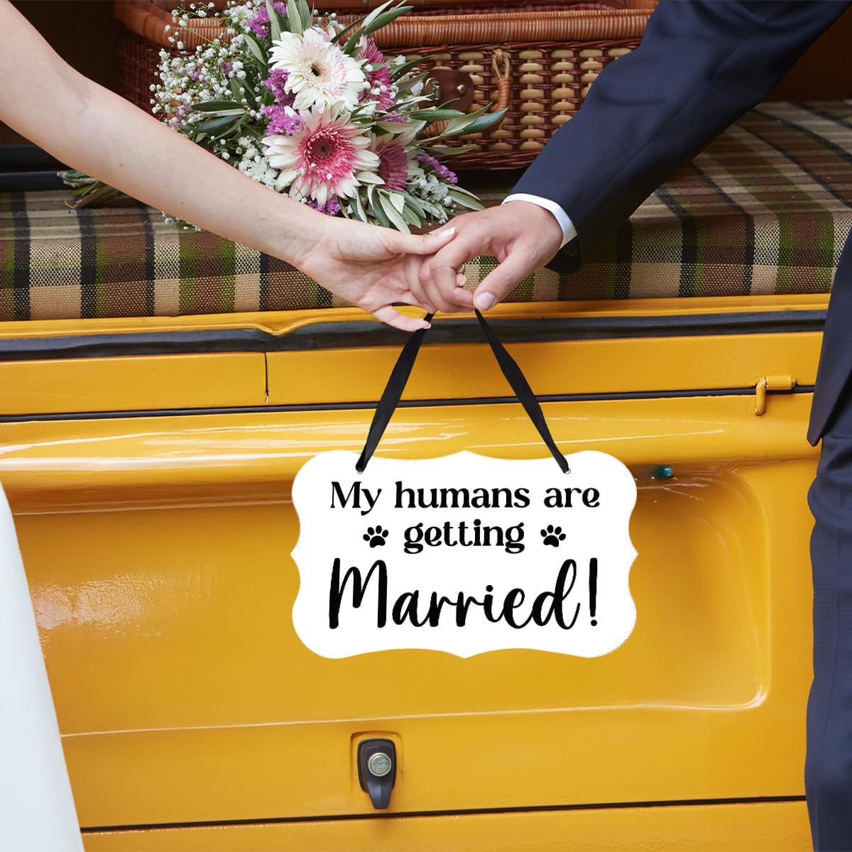 Acrylic Wedding Sign, Ring Bearer Sign, for Rustic Wedding Decor Signs, Acrylic Wall Art With Ribbon for Chairs Weddings Reception Decor and Event Party - My Humans are Getting Married (White)