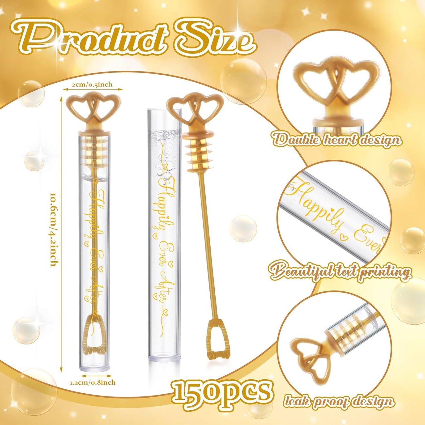 150 Pcs Bubble Wands Bulk for Wedding Party Mini Heart Wand with Bubble Solution for Wedding Bridal Showers Valentine Anniversary Graduation Birthday Supplies(Gold,Happy Ever After)