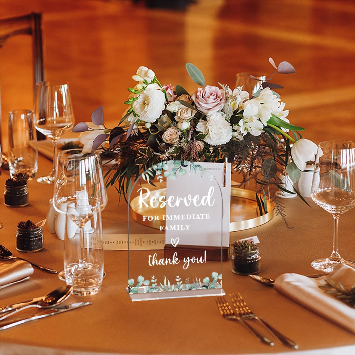 Acrylic Wedding Sign Reserved for Immediate Family Signs for Ceremony Modern Calligraphy Arch Acrylic Table Top Signs for Wedding Reception and Event Party Table Decor (Eucalyptus Leaves)