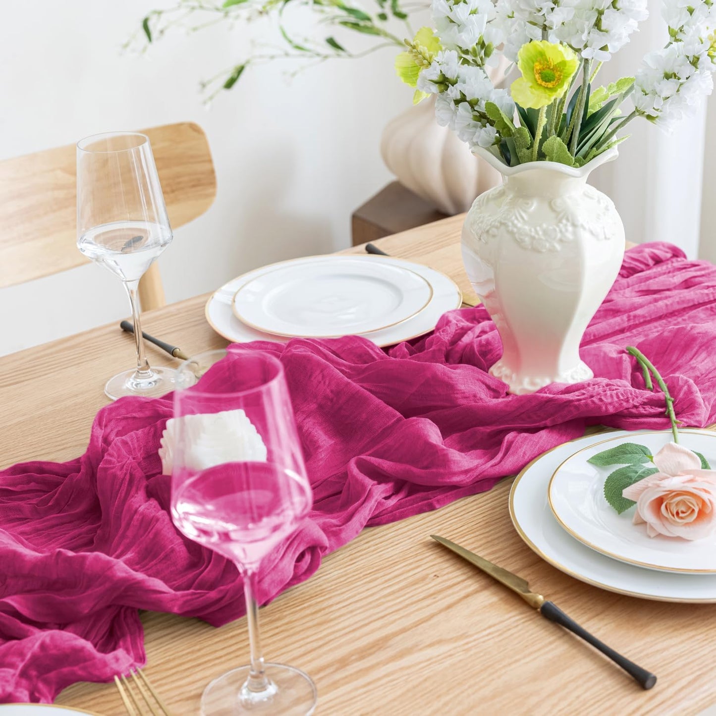 Asee'm 2pcs Cheesecloth Table Runner 120 Inches Long Fuchsia Boho Gauze Cheese Cloth Runner 10FT Rustic Sheer Table Runners for Christmas Wedding Party Baby Shower Spring Easter Decoration