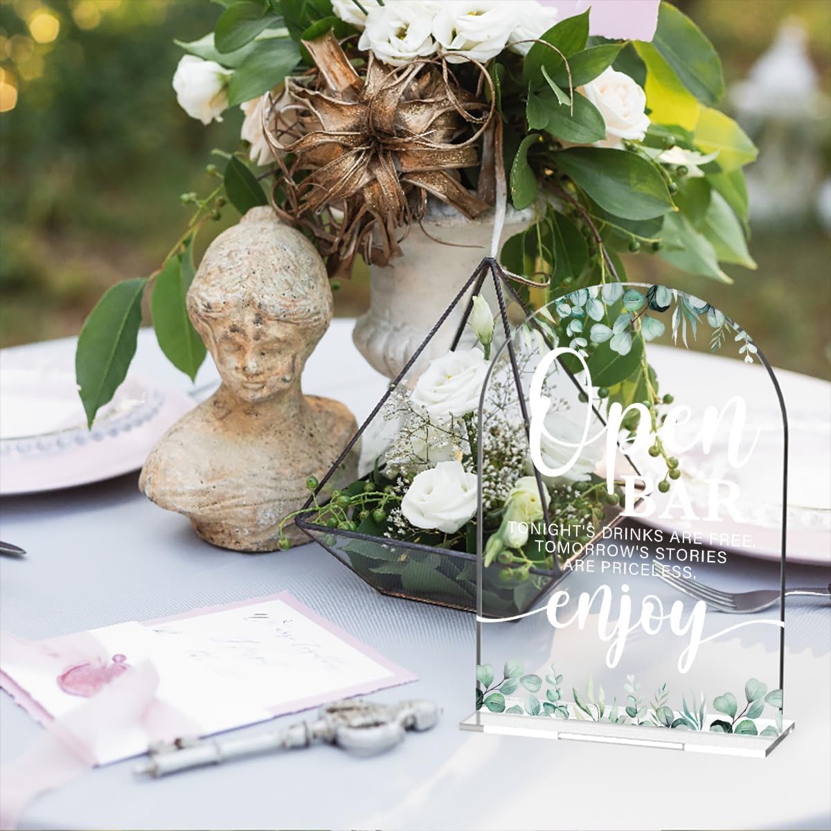Acrylic Wedding Sign Open Bar Signs for Ceremony Modern Calligraphy Arch Acrylic Table Top Signs for Wedding Reception and Event Party Table Decor (Eucalyptus Leaves)