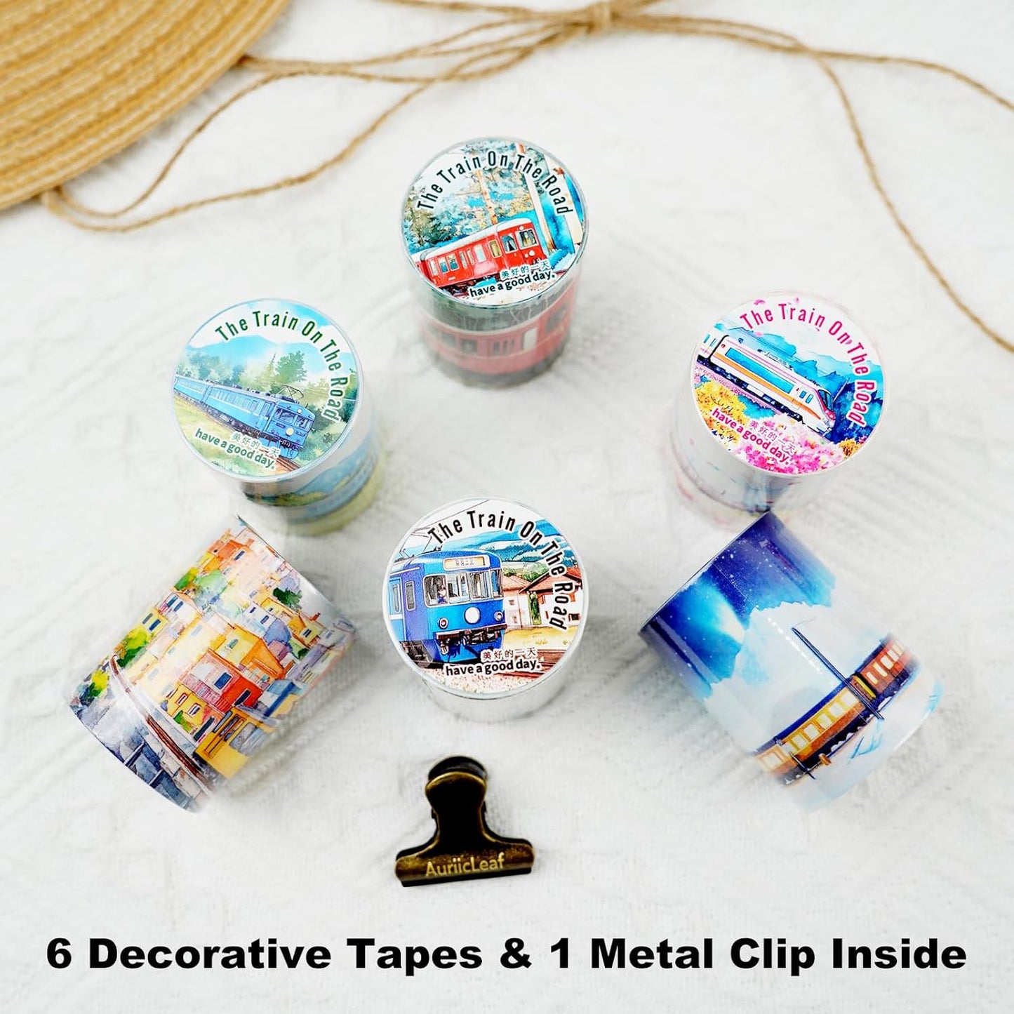 Train Scenery Washi Tape Set ??6 Rolls Travel & Nature Inspired with Clip for Scrapbook Journals DIY Crafts Decoration 1.97"x78.7" 39.37in per Loop