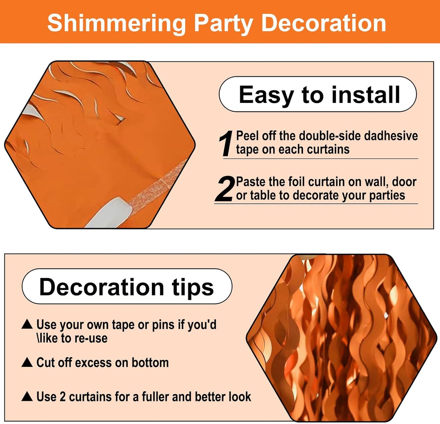 4 Pack Orange Wave Foil Fringe Curtain Backdrop, 3.28Ft x 8.2Ft Metallic Tinsel Foil Fringe Streamer Curtains for Photo Booth, Mother's Day, Easter, Birthday, Wedding Party Decoration