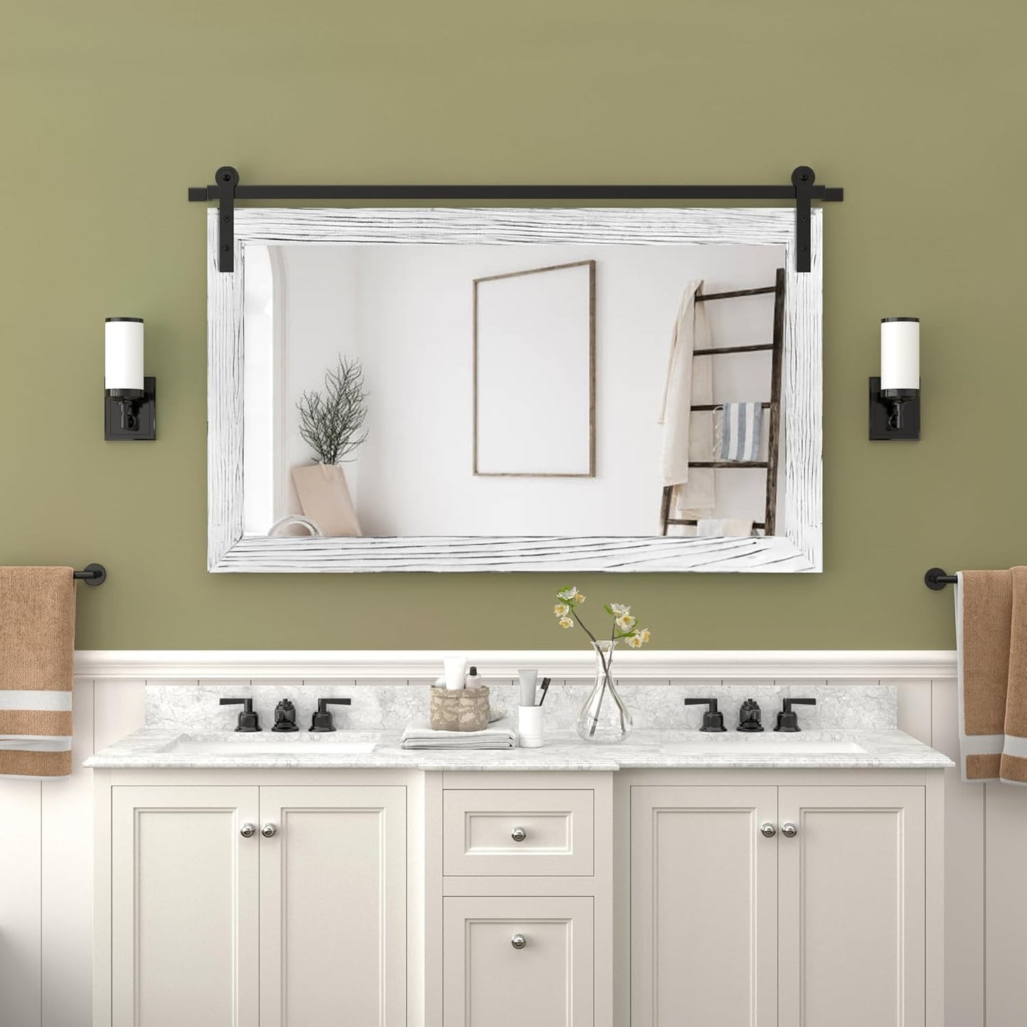 COGOOD Farmhouse Barn Door Mirror - 41" x 26" Rustic Wood Framed Wall Mirror for Bathroom, Living Room, Bedroom Wall Decor (White)