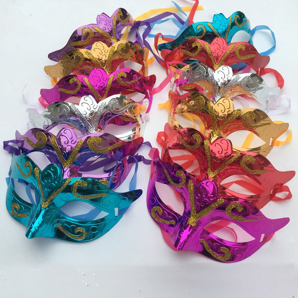 Arlai Pack of 12, Gold shining plated party mask wedding props masquerade mardi gras mask