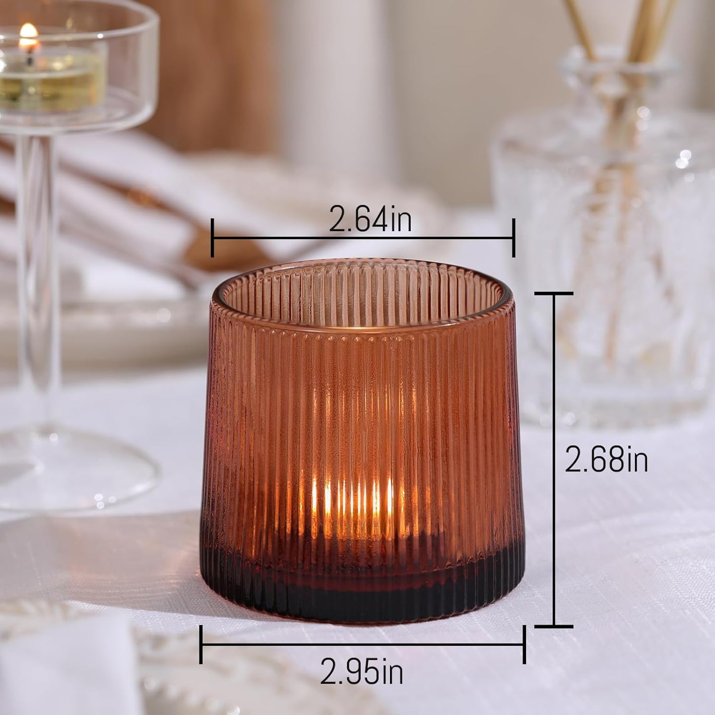 Amber Ribbed Tealight Votive Candle Holders- 6Pack Glass Candle Holders for Table Centerpiece, Home Decor, Wedding Decor, Party Dinner