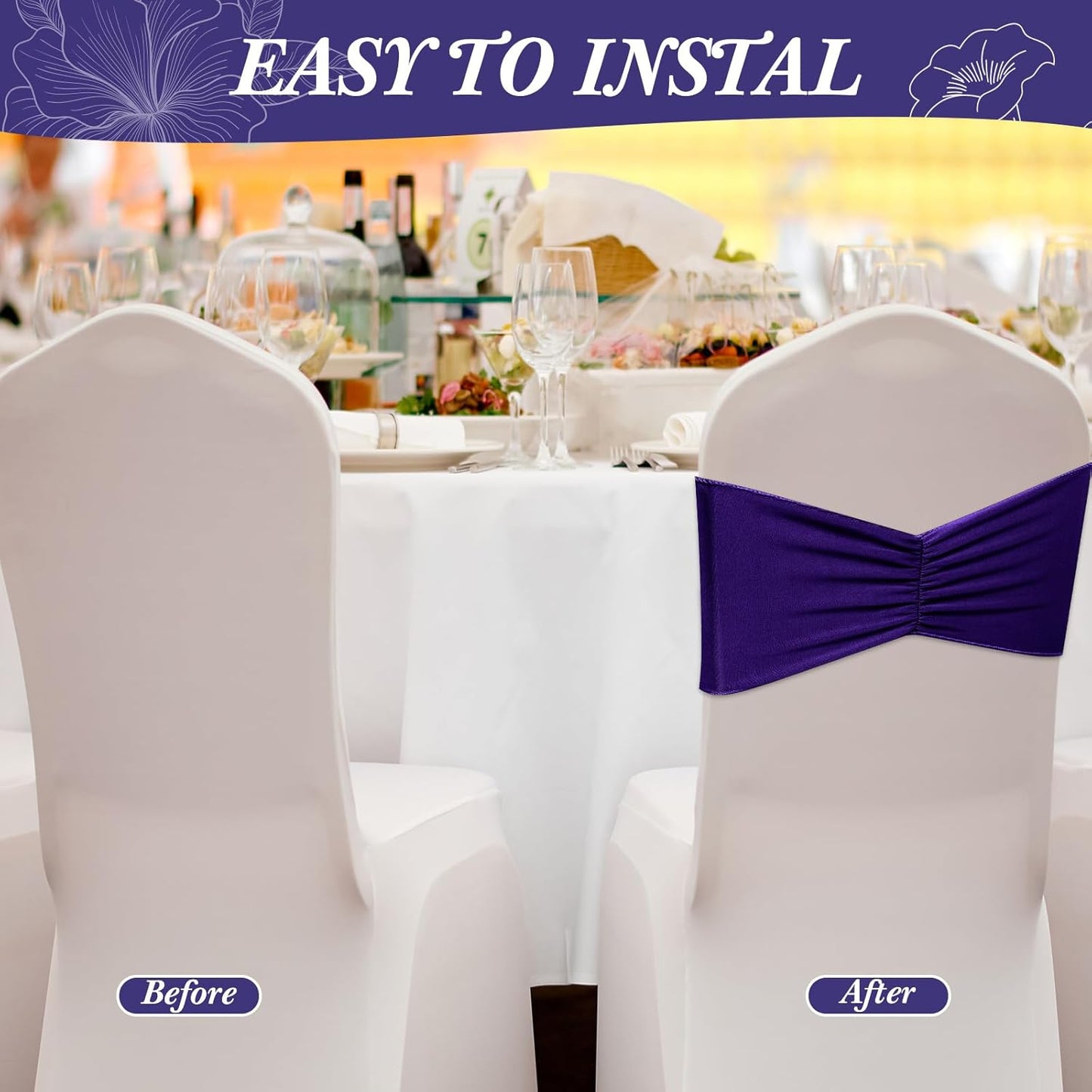 Moukeren 100 Pcs Spandex Chair Sashes Bows Bands Slider Sashes for Chair Covers Elastic Bands Ties Ribbon Decorations for Wedding Party Events Ceremony Birthday Banquet(Deep Purple)