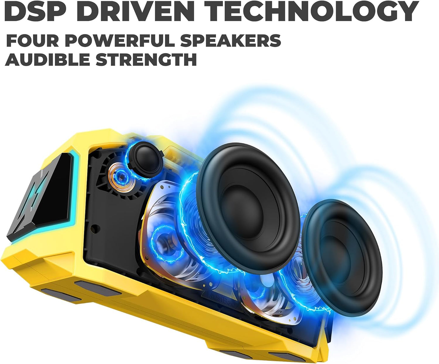 MusiBaby M1 Portable Bluetooth Speaker Yellow, Loud Stereo Sound Subwoofer Deep Bass, IPX6 Waterproof, 24H+ Playtime, Bluetooth 5.3, Dual Pairing Boombox for Outdoor Camping Hiking Party Shower