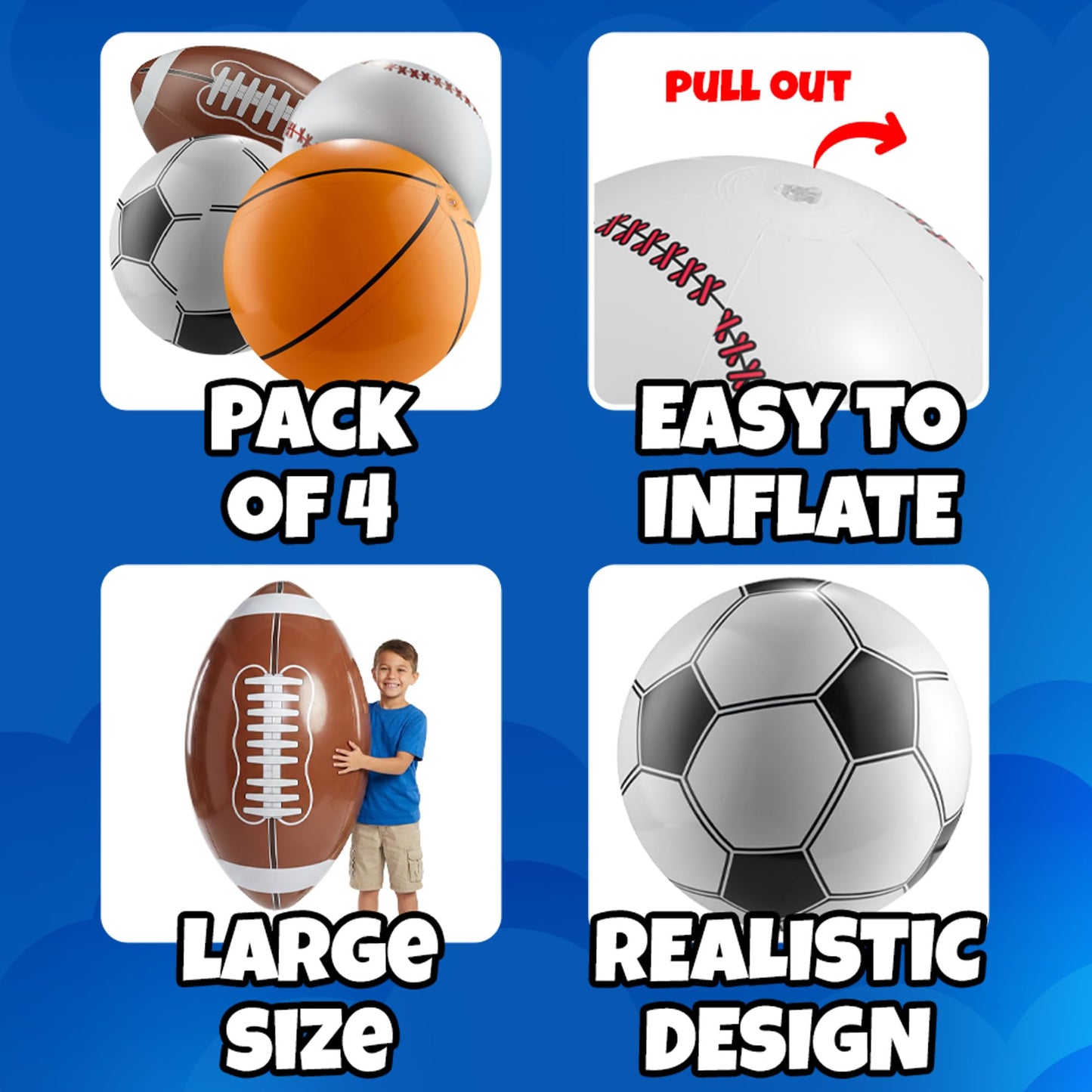 24-Inch Inflatable Sports Beach Balls - Blow Up Party Decoration - 4-Pack