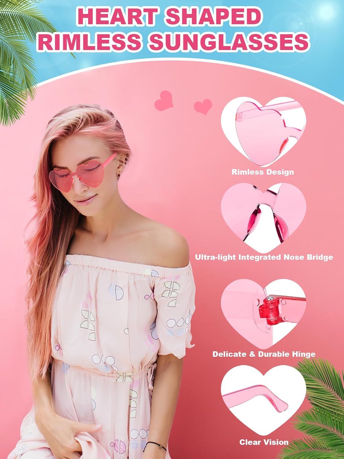 12 Pairs Heart Shaped Sunglasses for Women Colorful Glasses Fun Trendy Transparent Heart Sunglasses Party Favor (Pink Series)