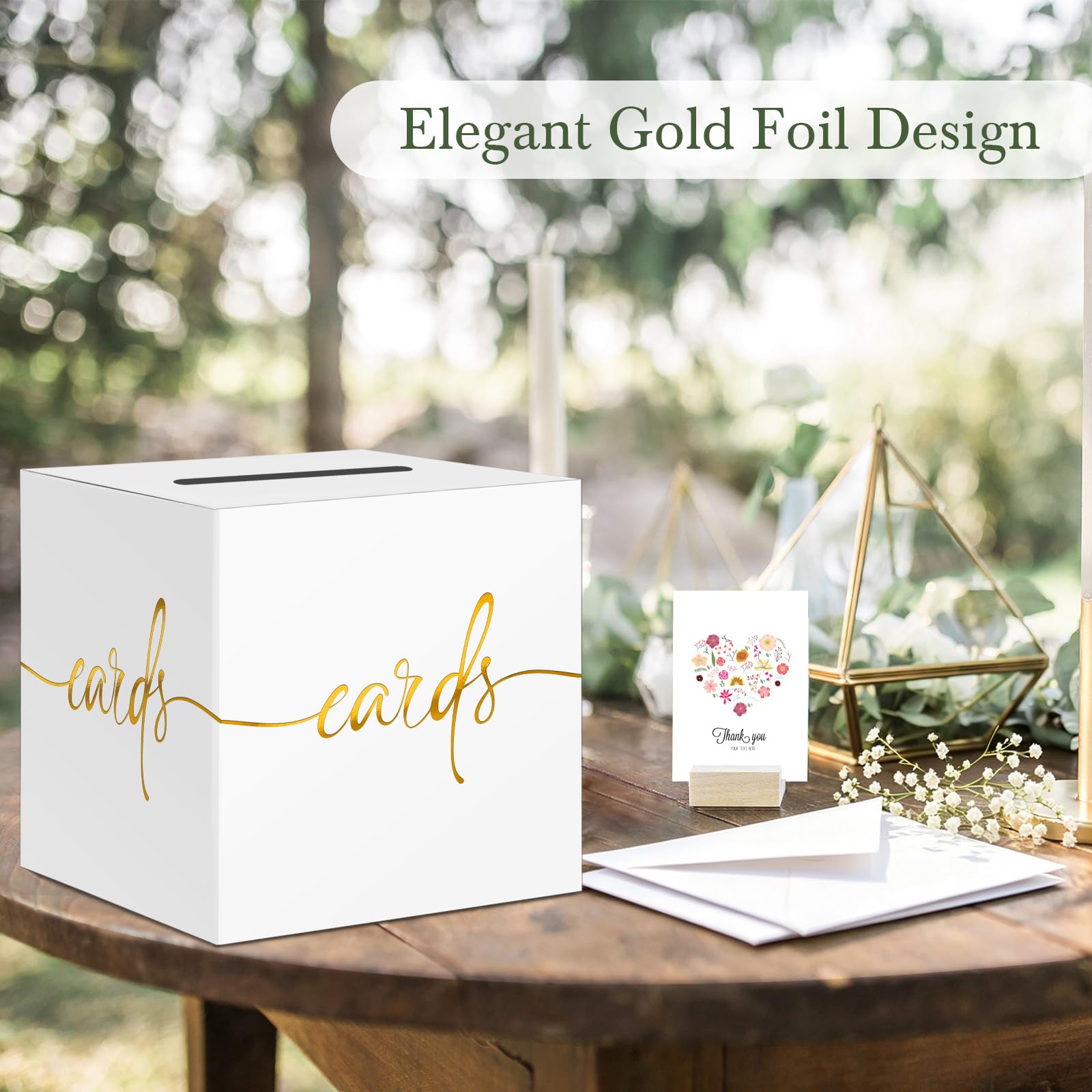 CINSOEN White Wedding Card Box with Gold Foil Design, Paperboard 8.7" Gift Card Holder for