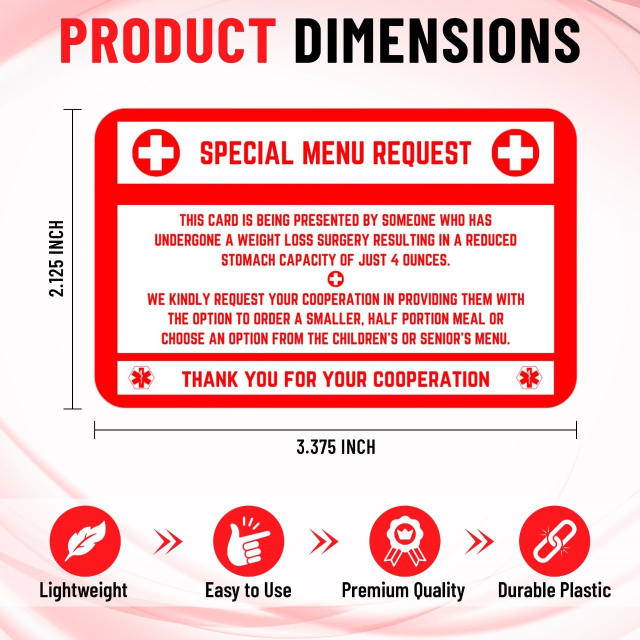 Bariatric Card for Restaurants, Special Menu Request Card, Portion Control Restaurant Request for Bariatric or Gastric Sleeve Patients, Wallet Sized, Set of 2 Cards (2, Red, 3.375in x 2.125in)